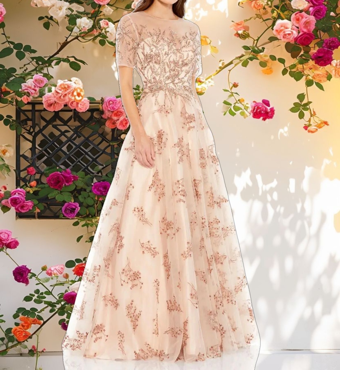 Pink Embellished Illusion Short Sleeve A Line Gown