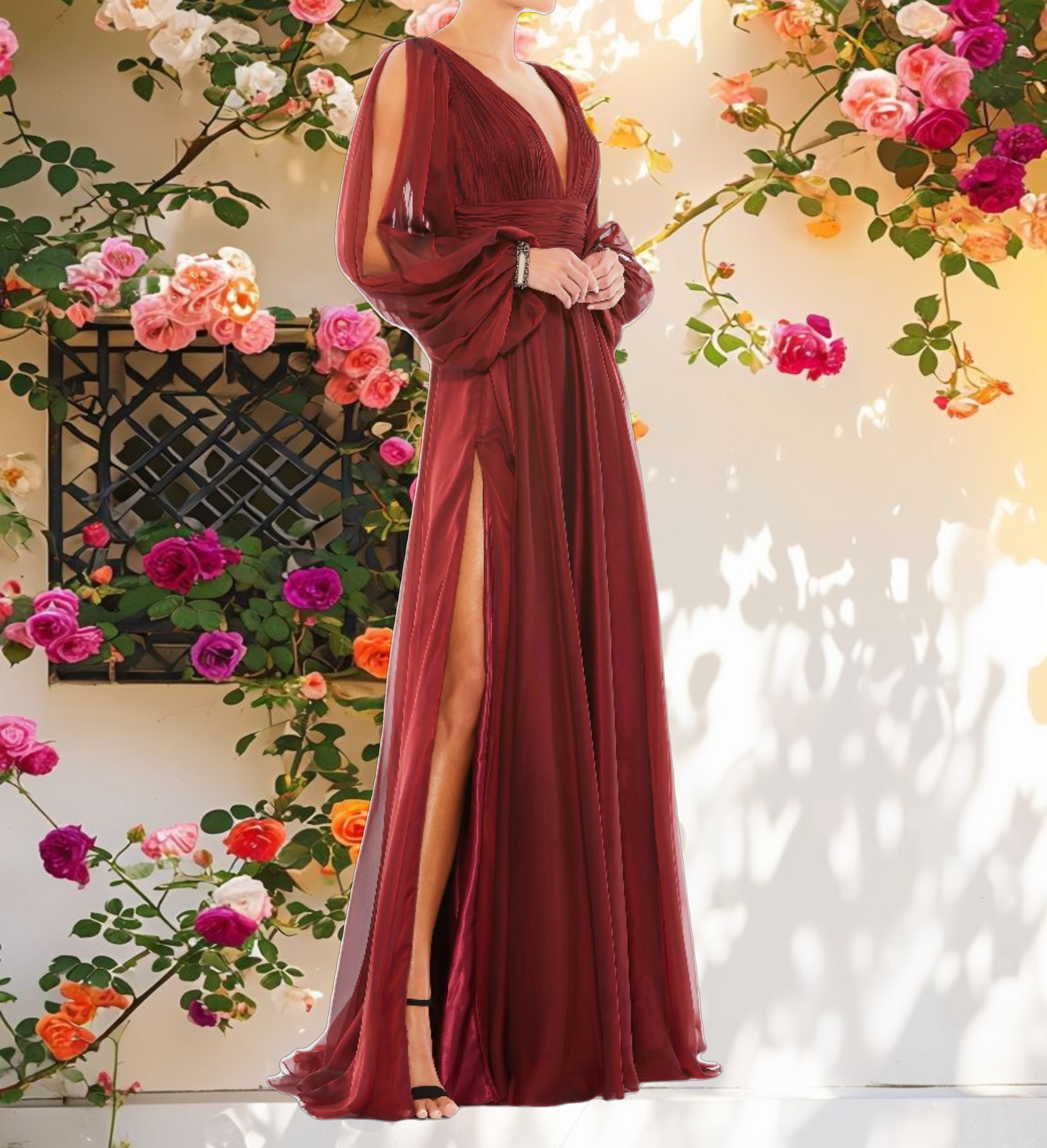Chiffon Open Sleeve A Line Gown