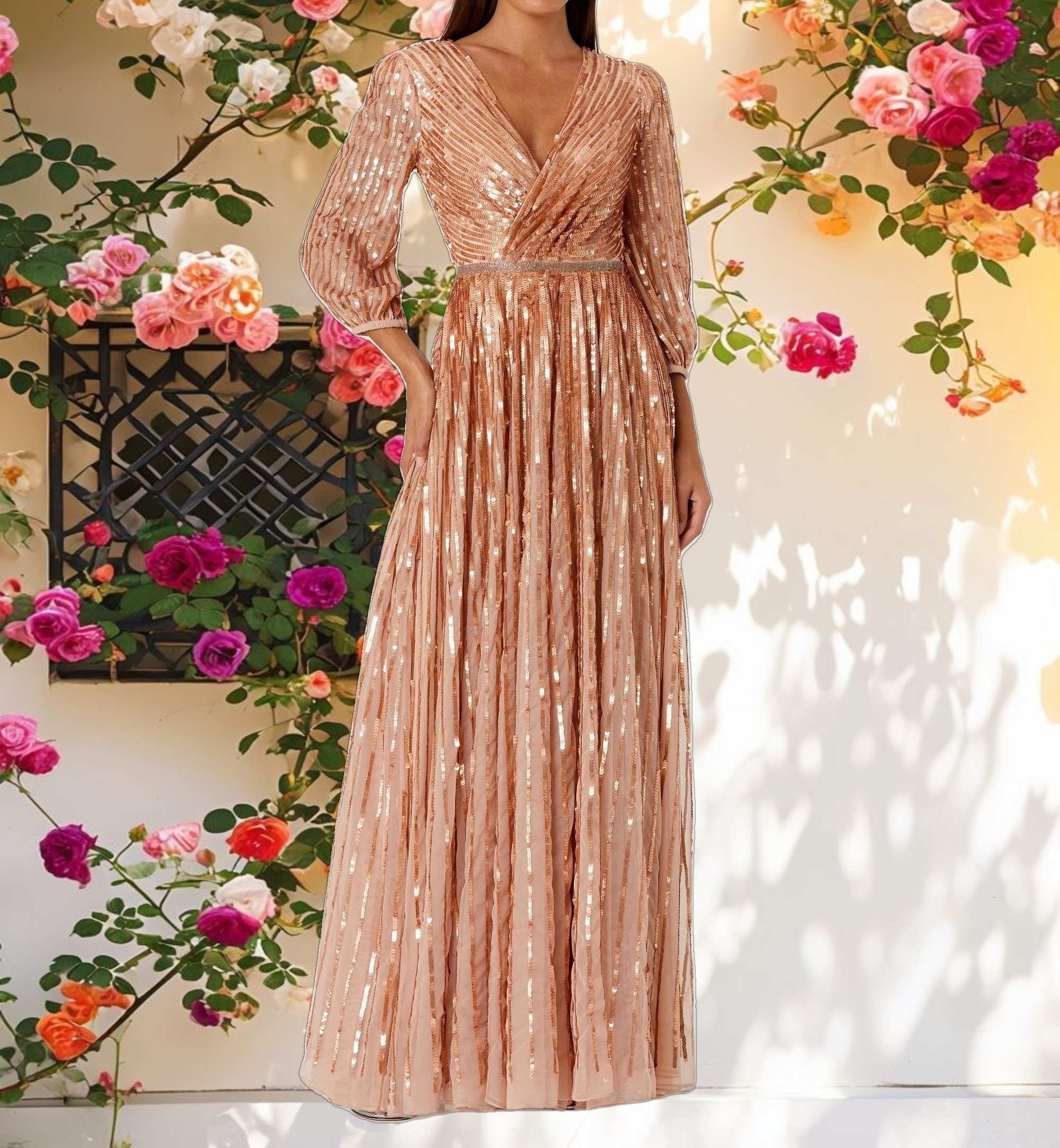 Pink Sequined Wrap Over 3/4 Sleeve Gown