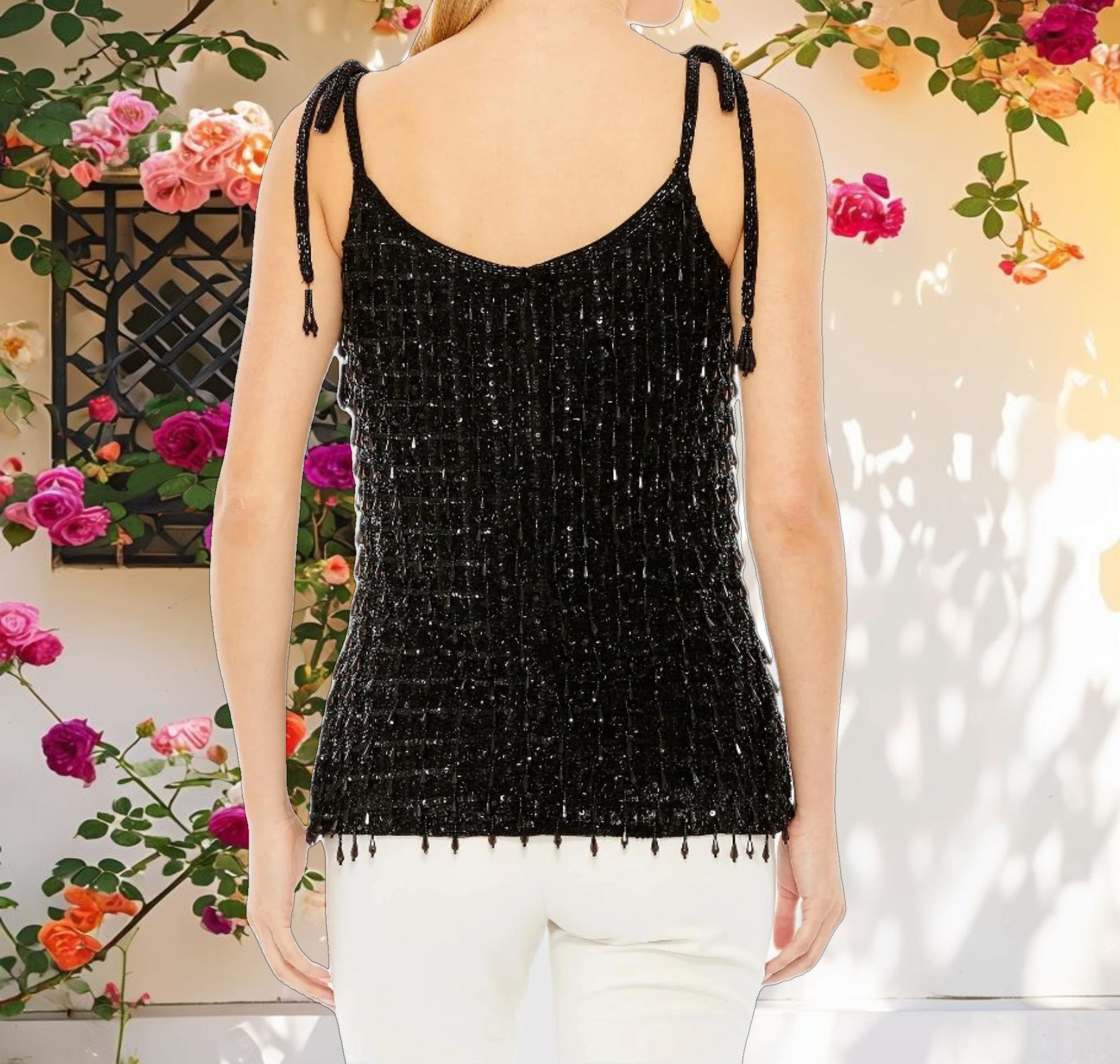 Black Crystal Embellished Soft Tie Cami Top - FINAL SALE