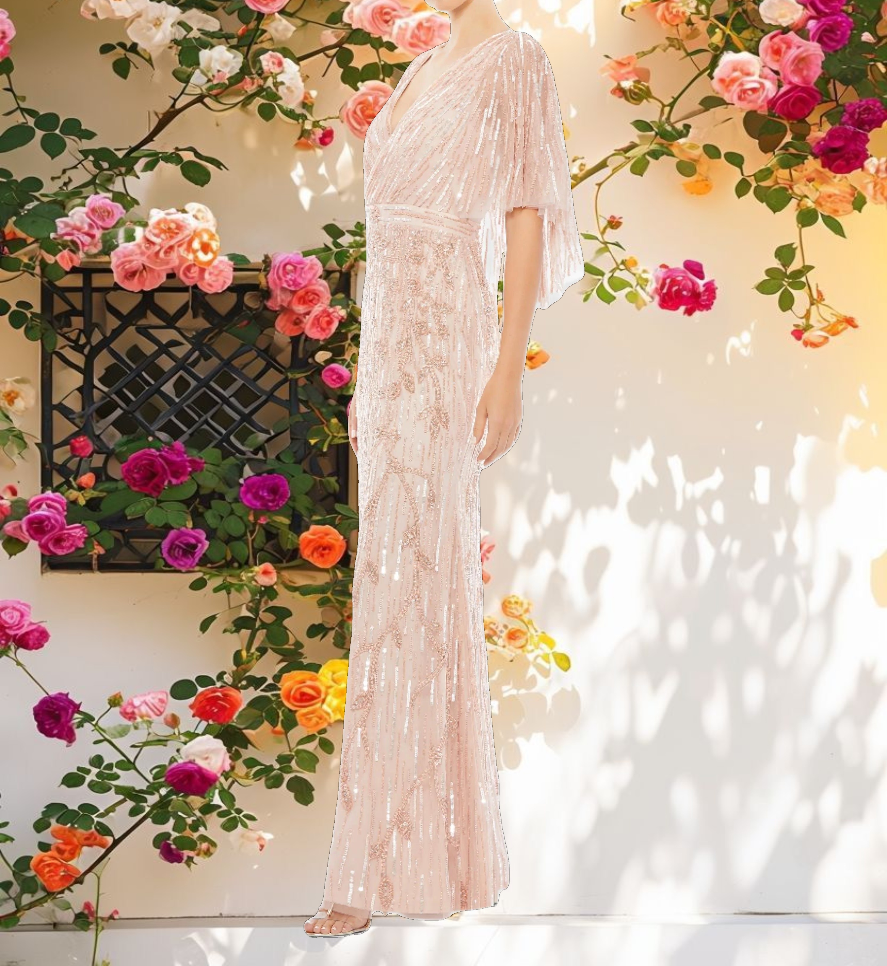 Pink Decorated Cap Sleeve Synthetic Wrap Skirt