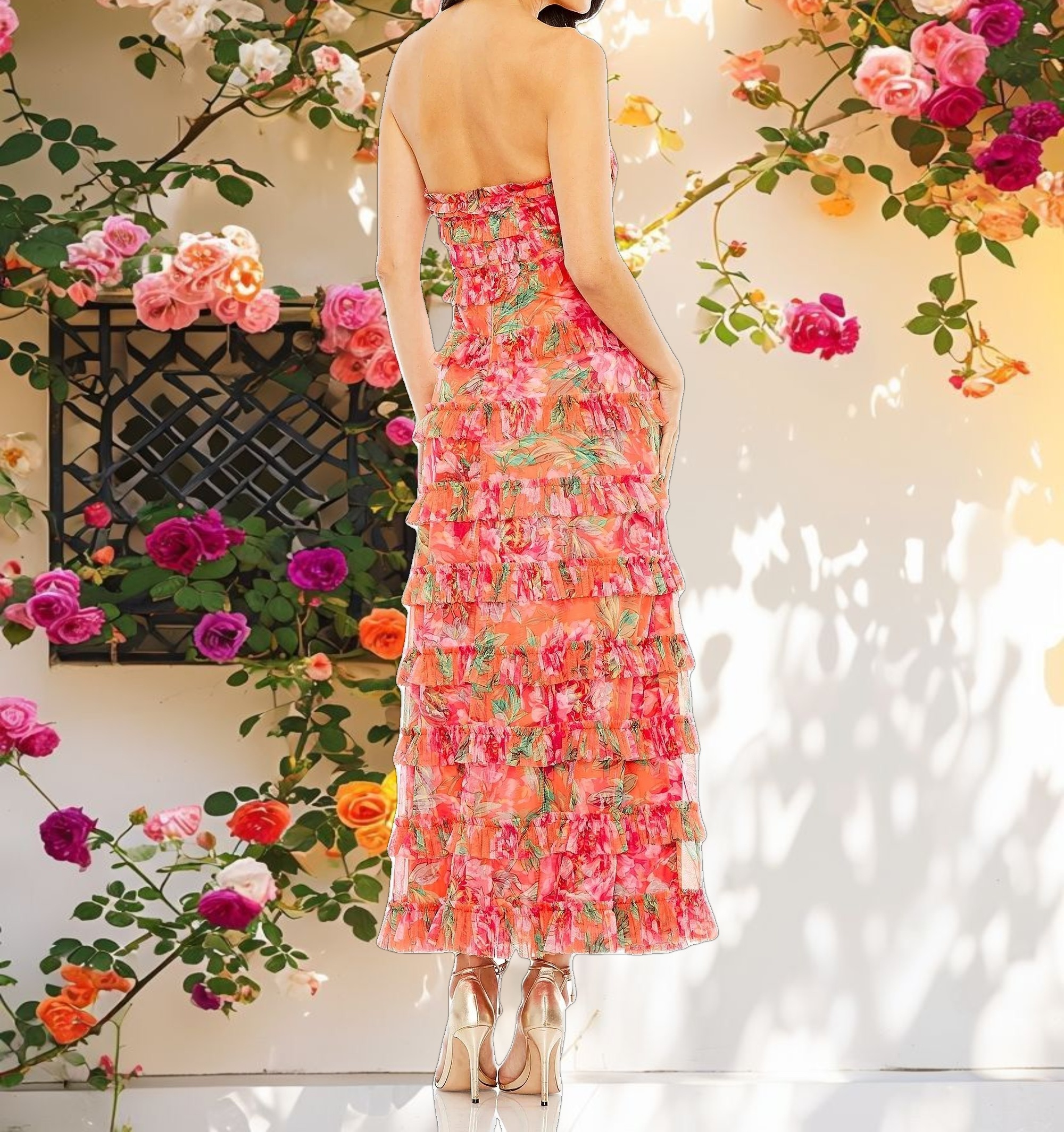 Multicolor Strapless Micro Ruffle Dress