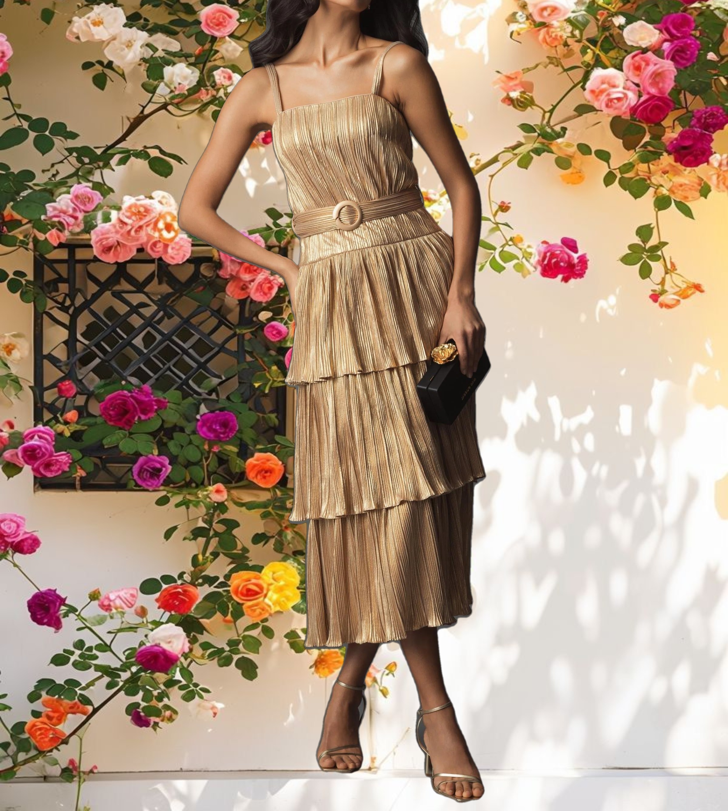 Gold Ruffle Tiered Buckle Detail Dress