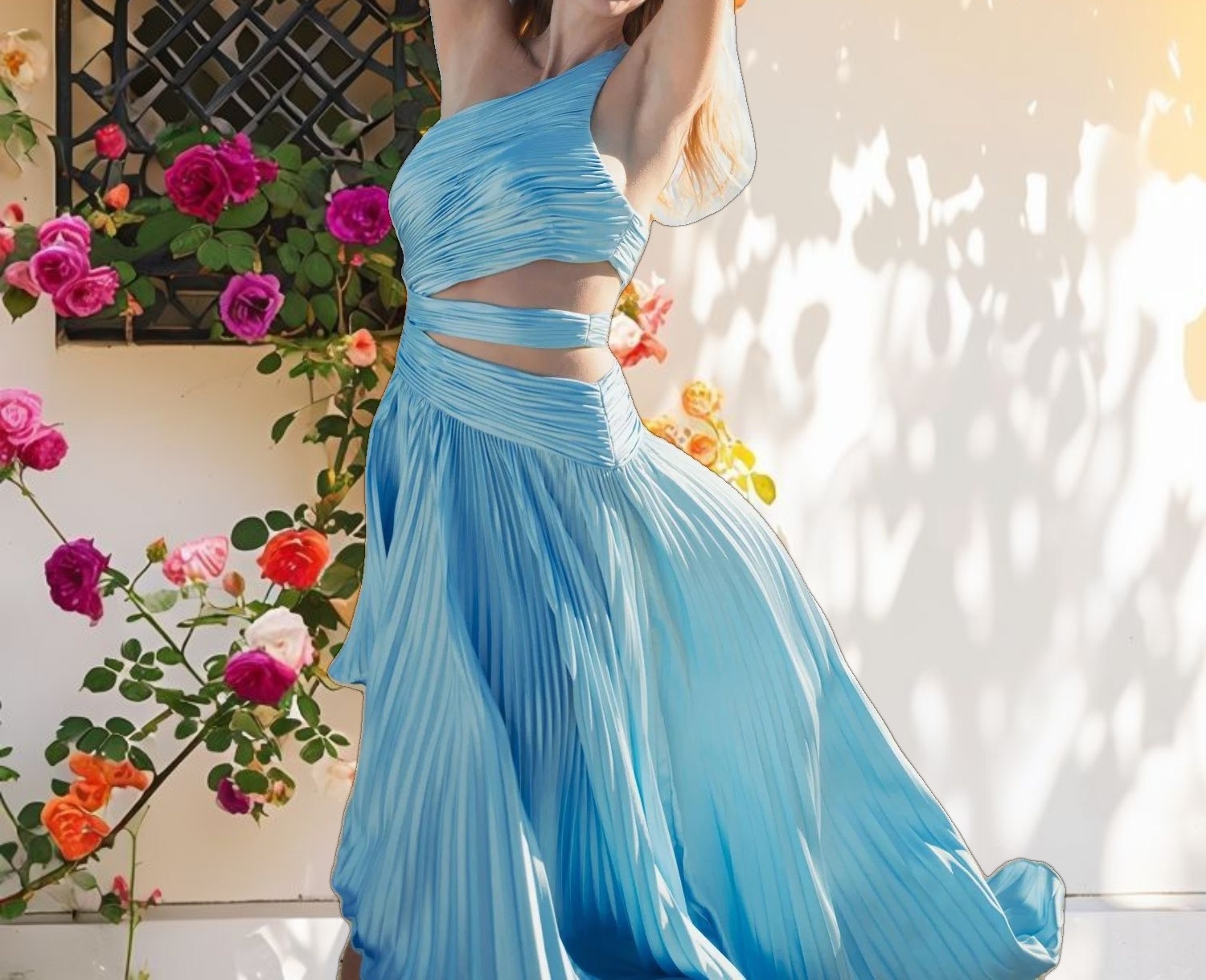 Blue One Shoulder Pleated Charmeuse High Low Gown