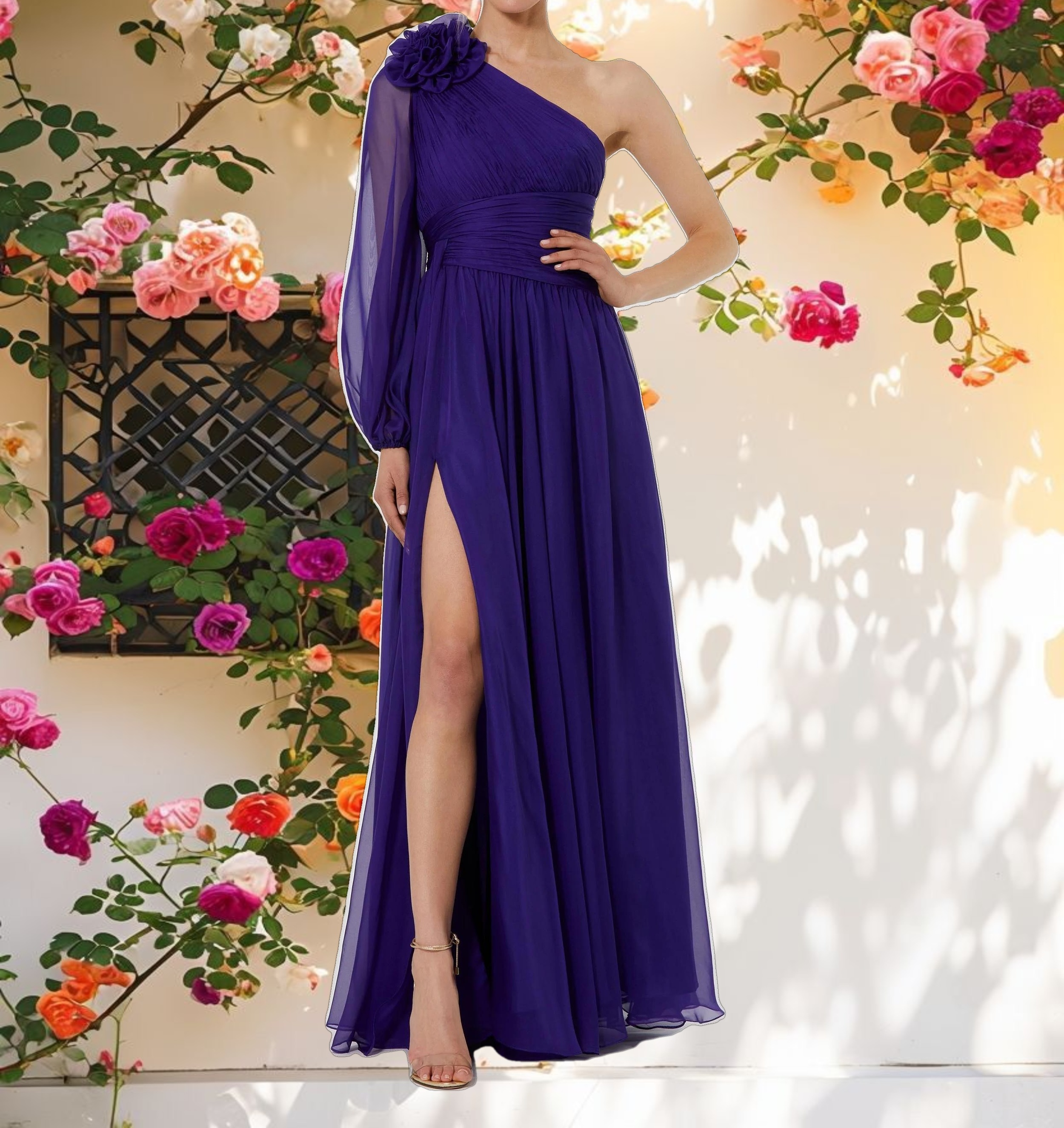 One Sleeve Ruched Chiffon Gown