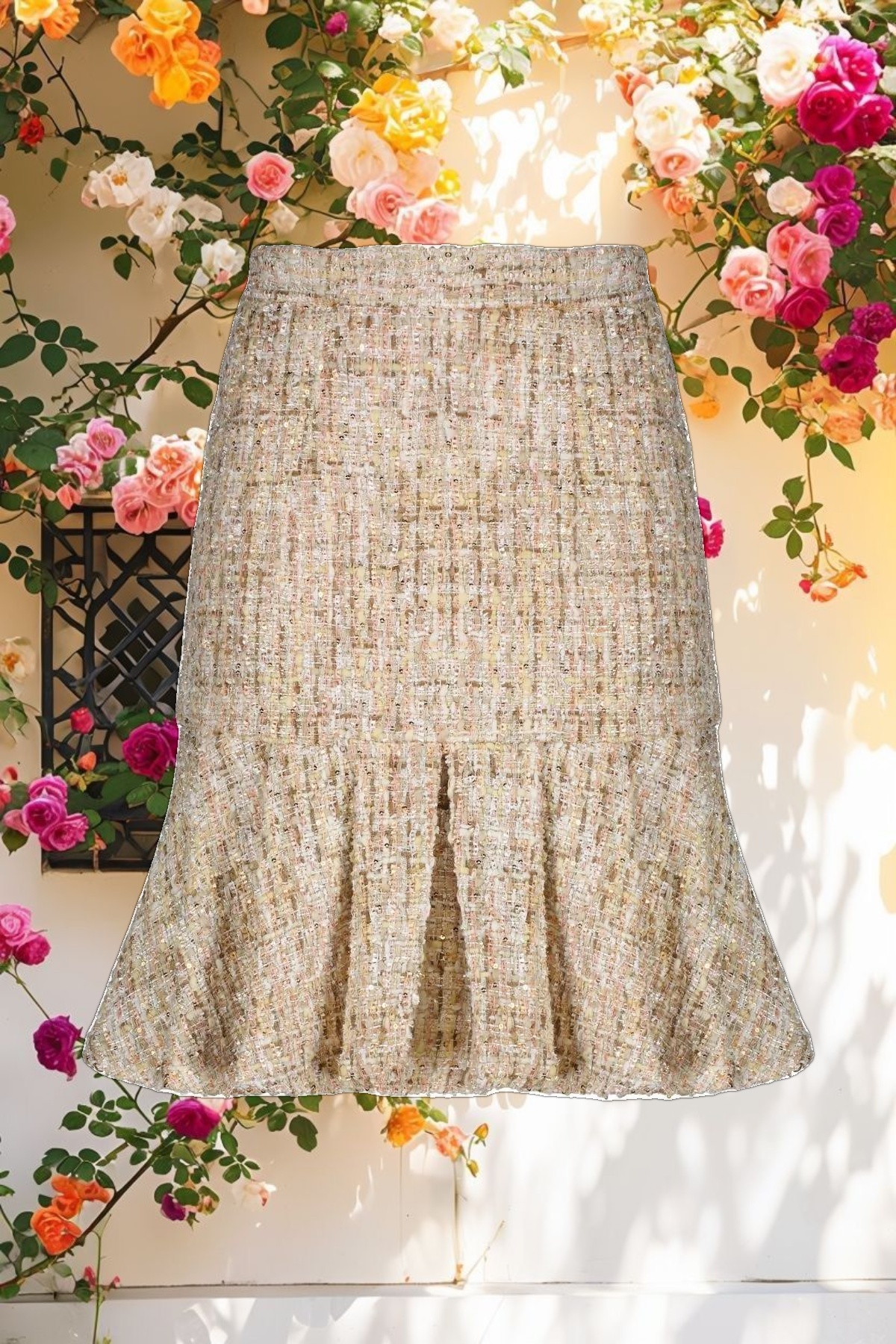 High Waist Box Pleat Boucle Mini Skirt