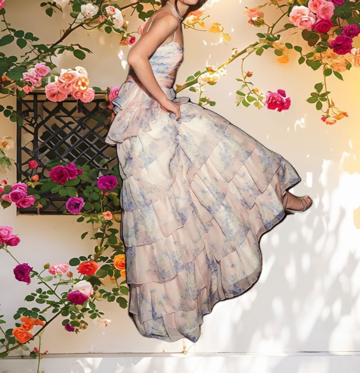 Pink Floral Cut Out Ruffle Layered Dress