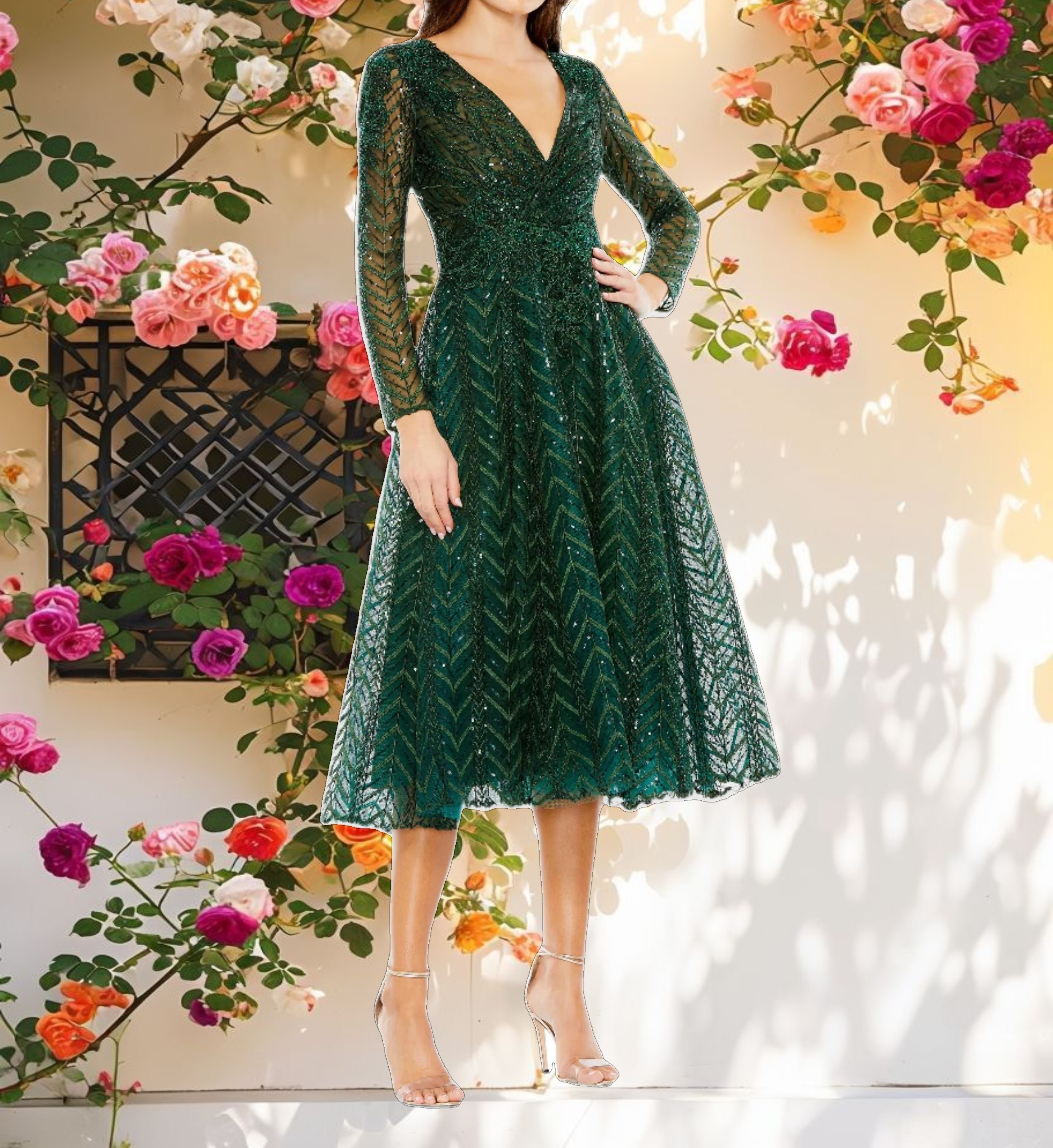 Embellished Long Sleeve Wrap Over Dress