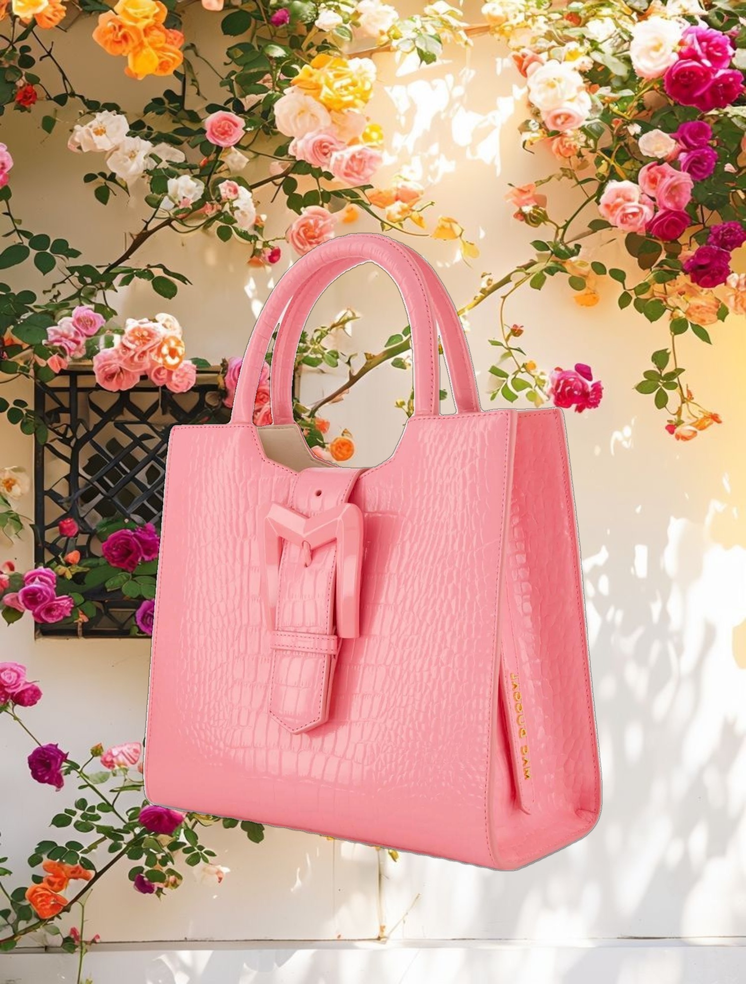 Buckled Medium Croco Hibiscus Leather Tote Bag with Detachable Strap