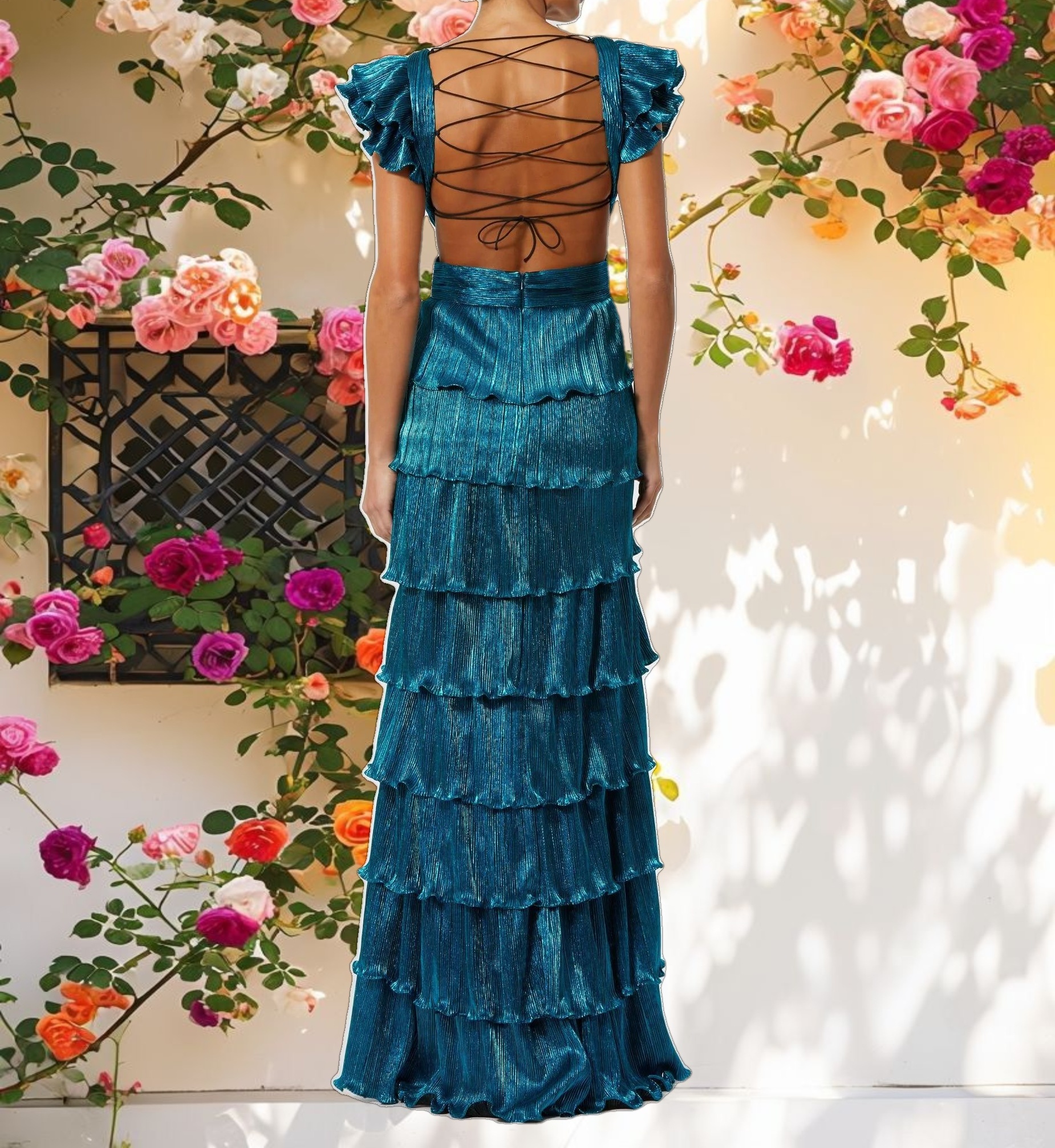 Ruffle Tiered Criss Cross Lace Gown