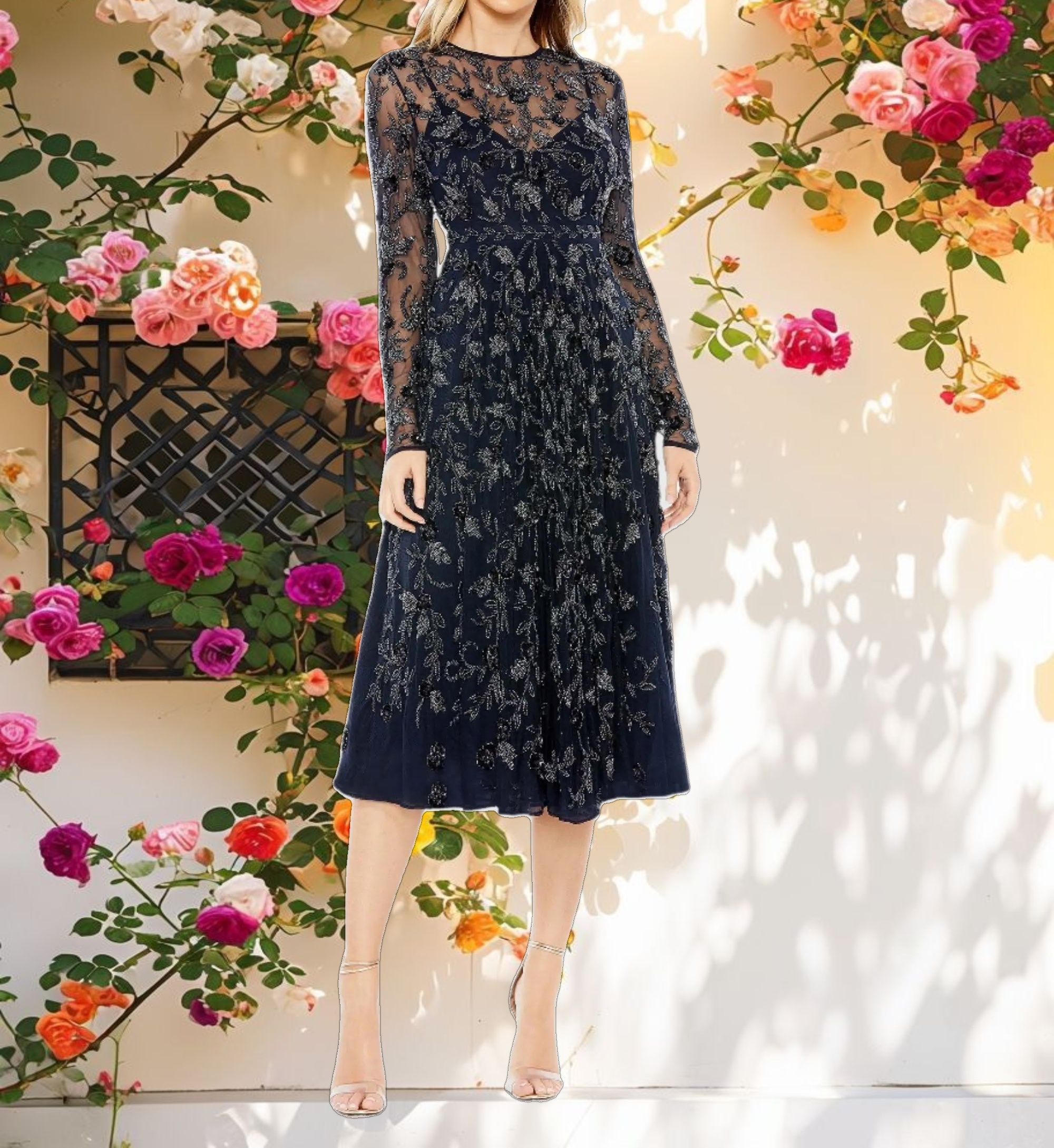 Beaded Illusion High Neck Long Sleeve A Line Gown