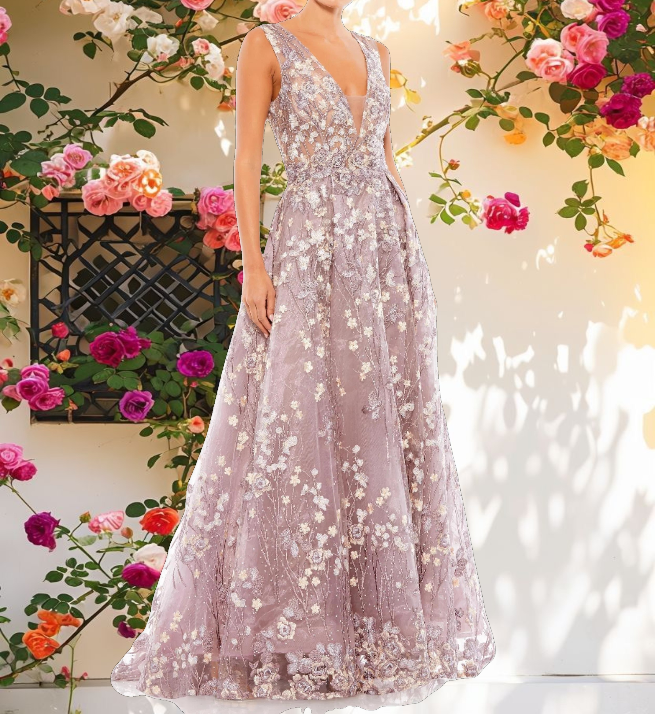 Floral Embroidered Illusion V Neck Gown