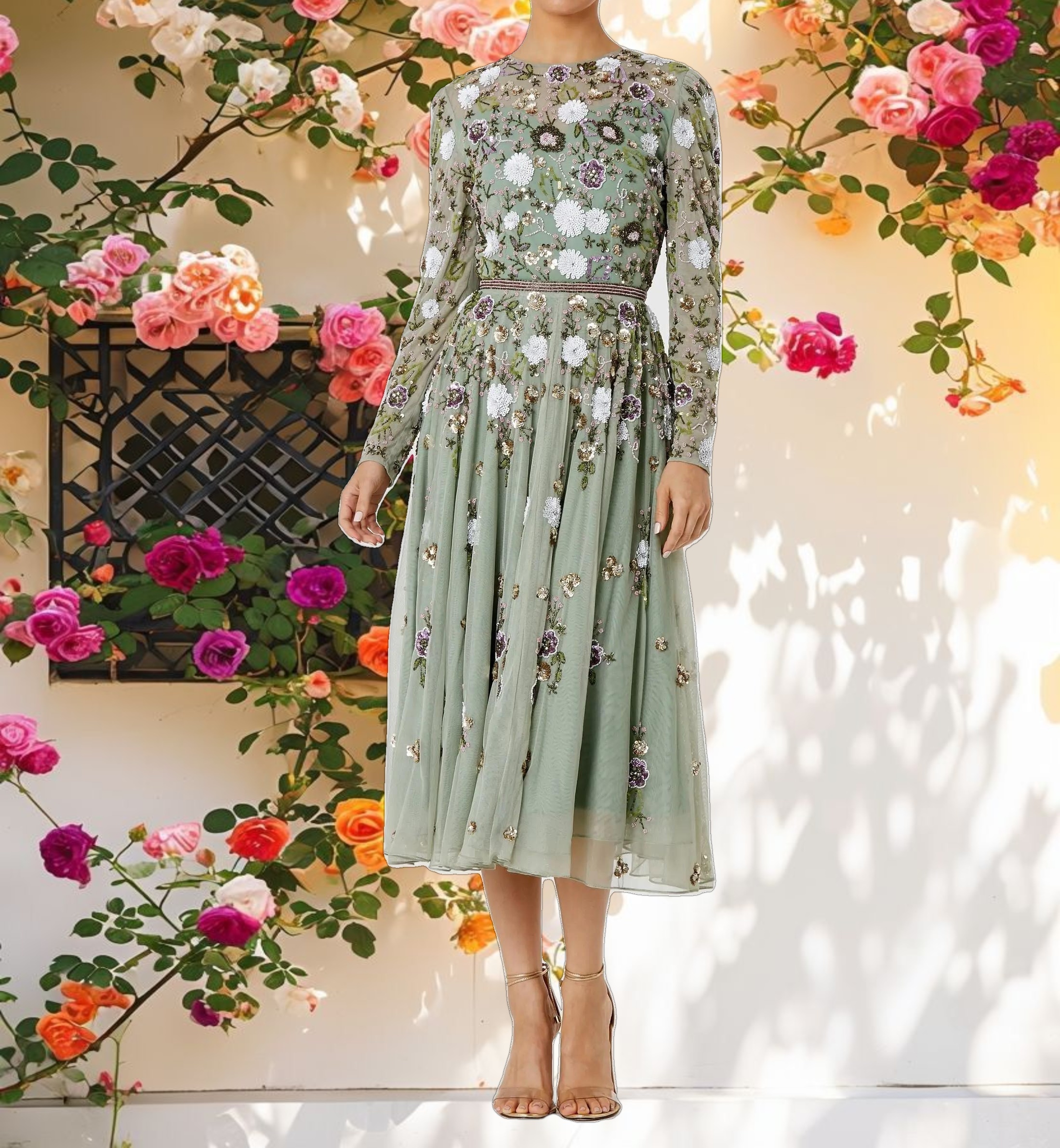 Sequined Floral Long Sleeve High Neck Midi Dress