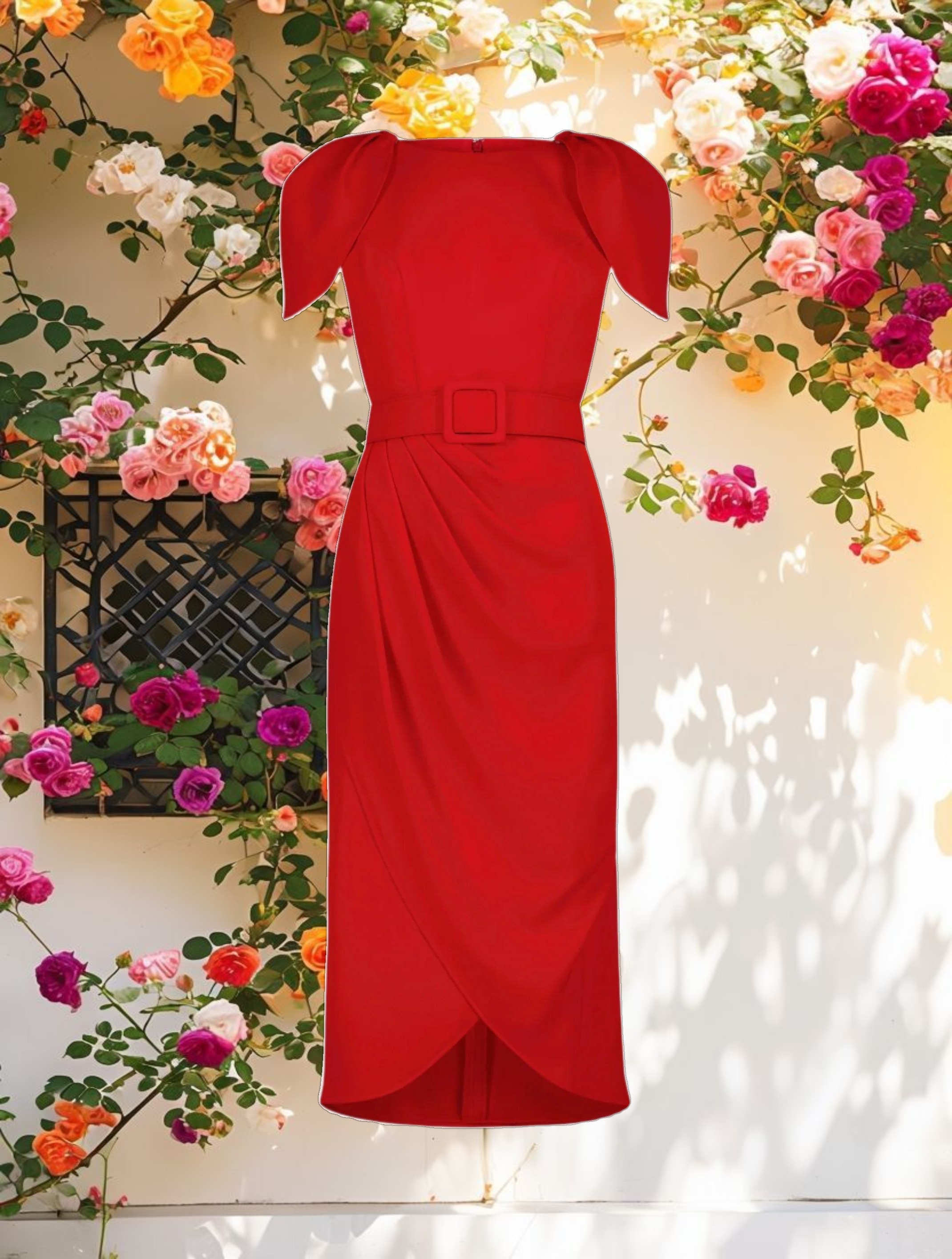 Pink Crepe Boat Neck Midi Tulip Dress With Belt