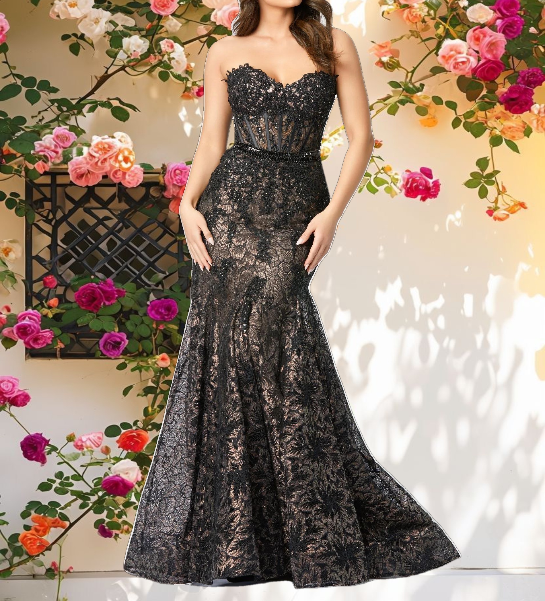Black Embellished Strapless Sweetheart Trumpet Gown
