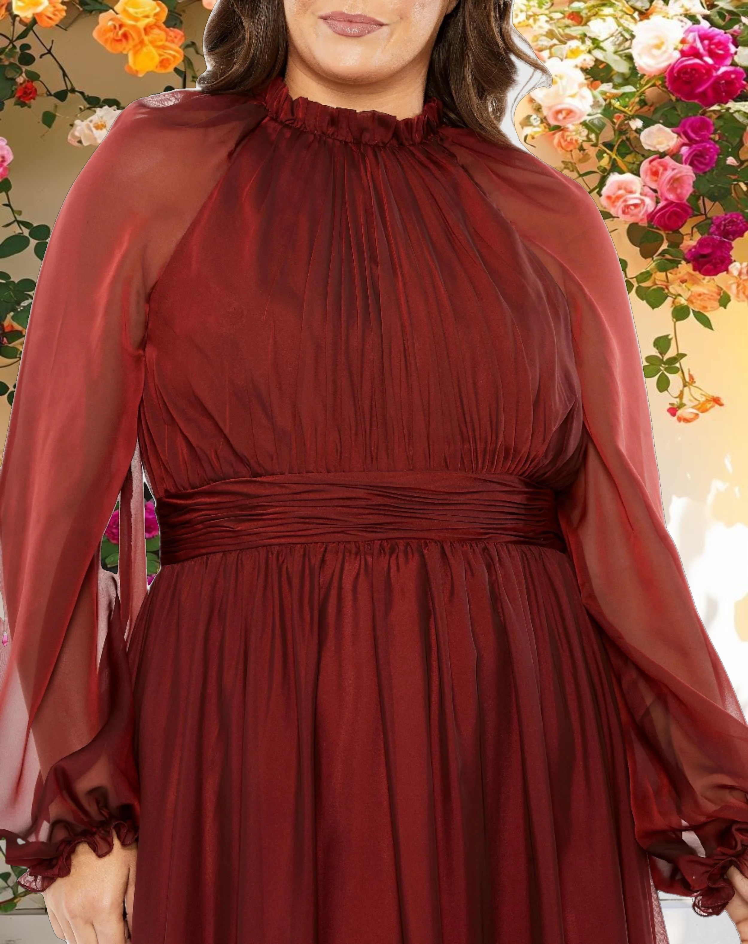 Pink Puff Sleeve w/ Decorative Cuff Mock Neck A Line Dress