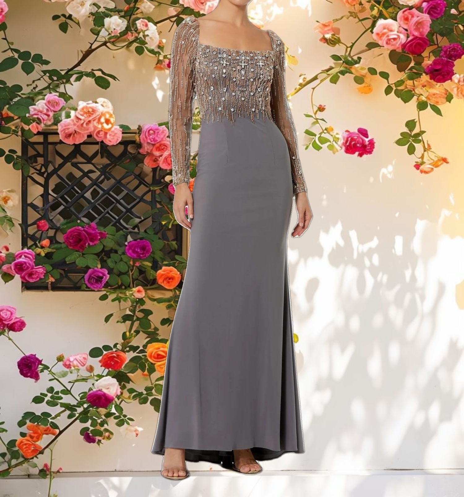 Gray Beaded Square Neck Long Sleeve Jersey Gown