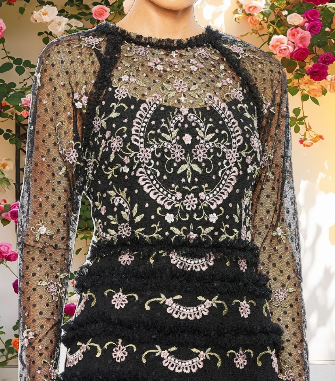 Polka Dot Long Sleeve Floral Ruffle Gown