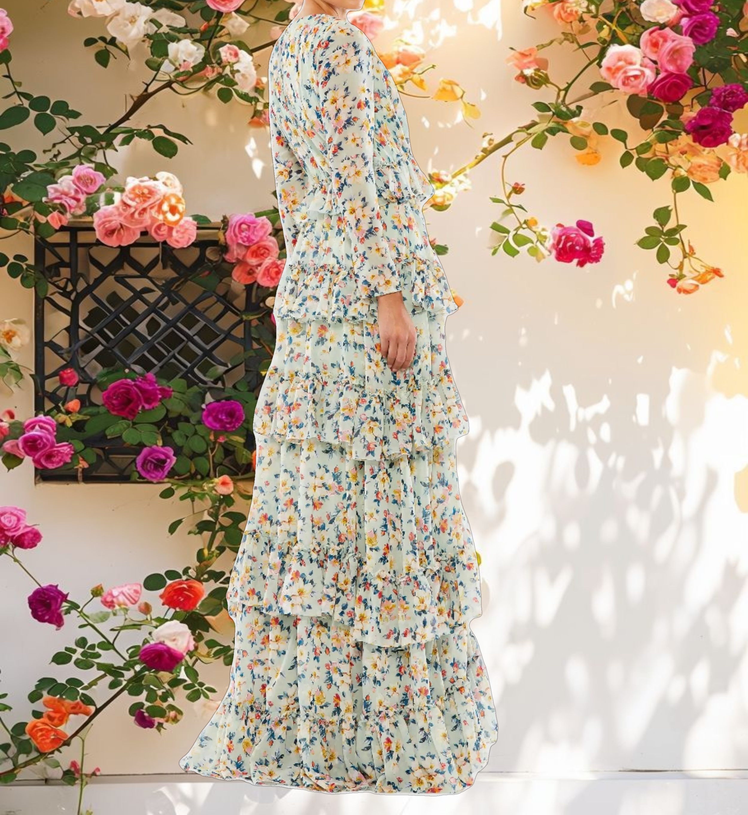 Floral Printed Tiered Ruffle Long Sleeve Gown