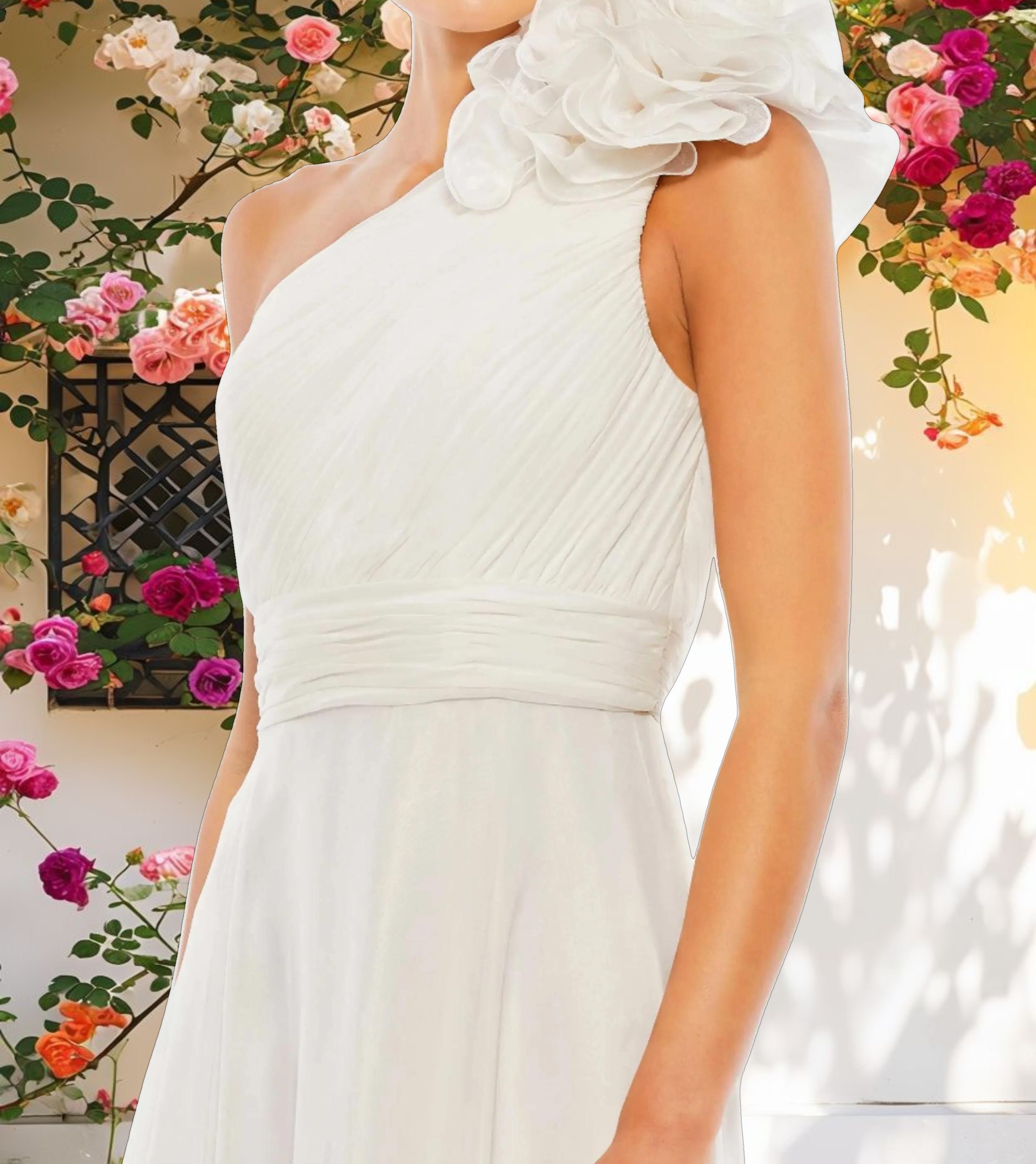 White Rosette One Shoulder Tea Length Dress