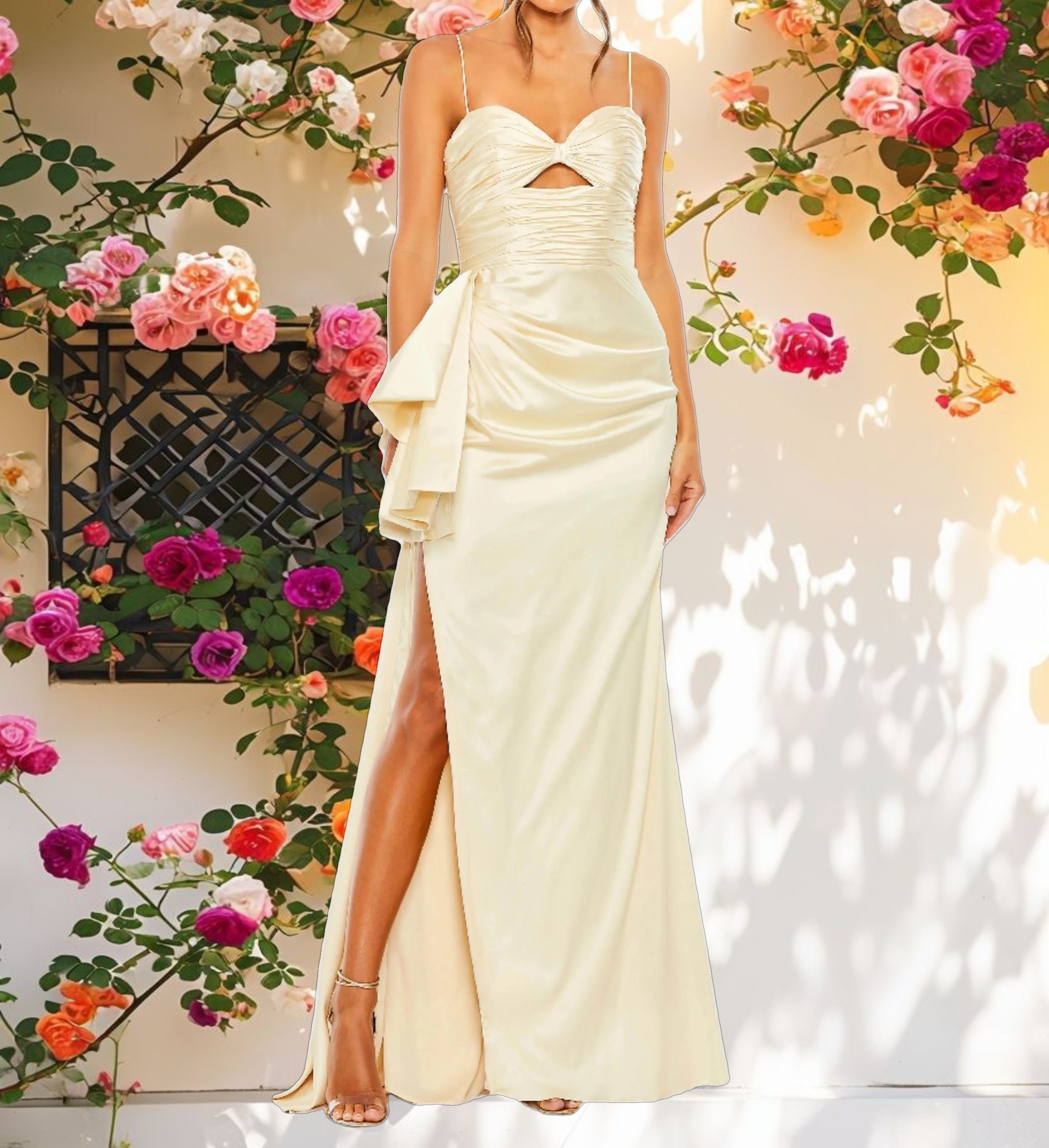 Spaghetti Strap Cut Out Side Bow Gown
