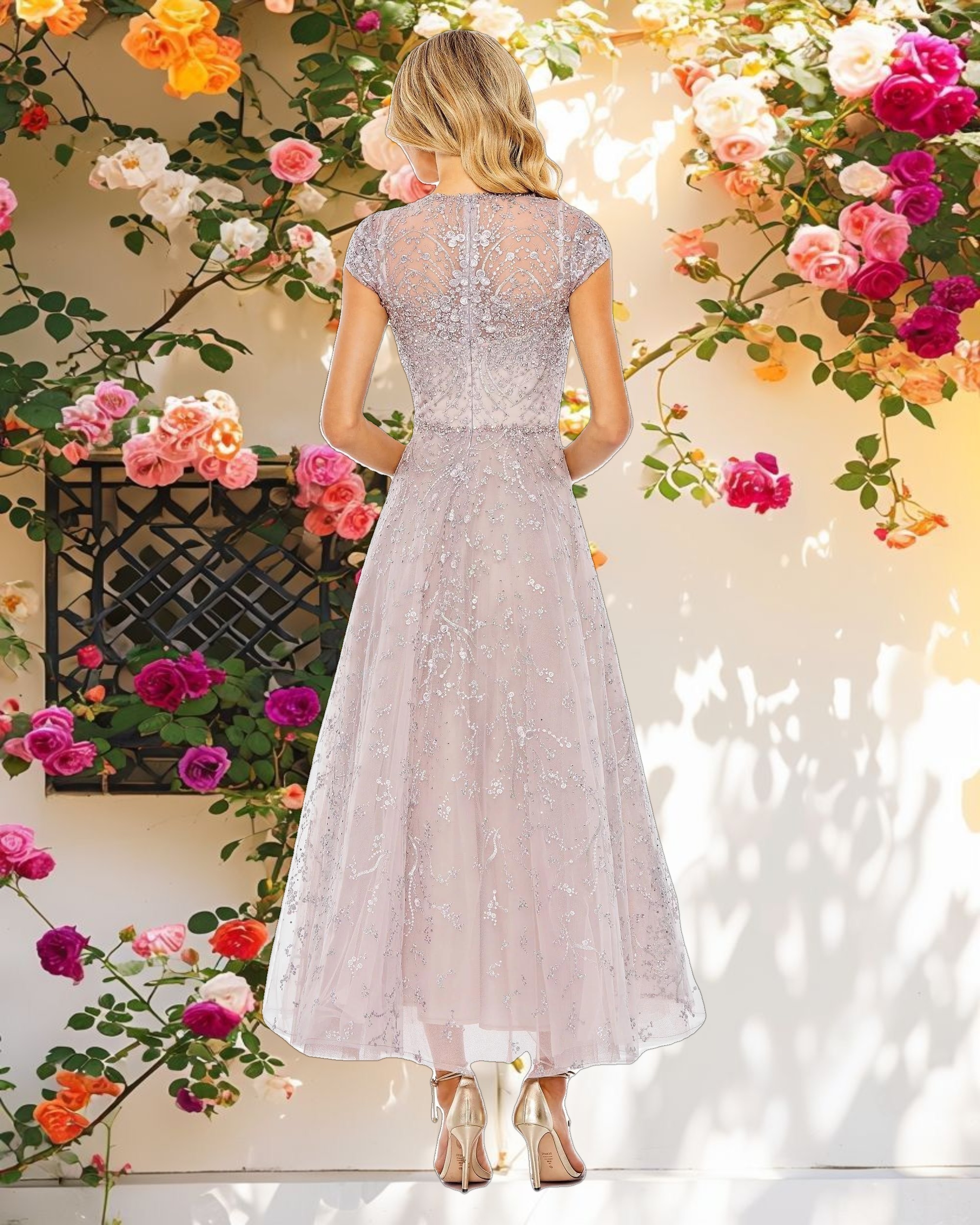 Stitched Decorated High Neck Long Sleeve A Line Dress