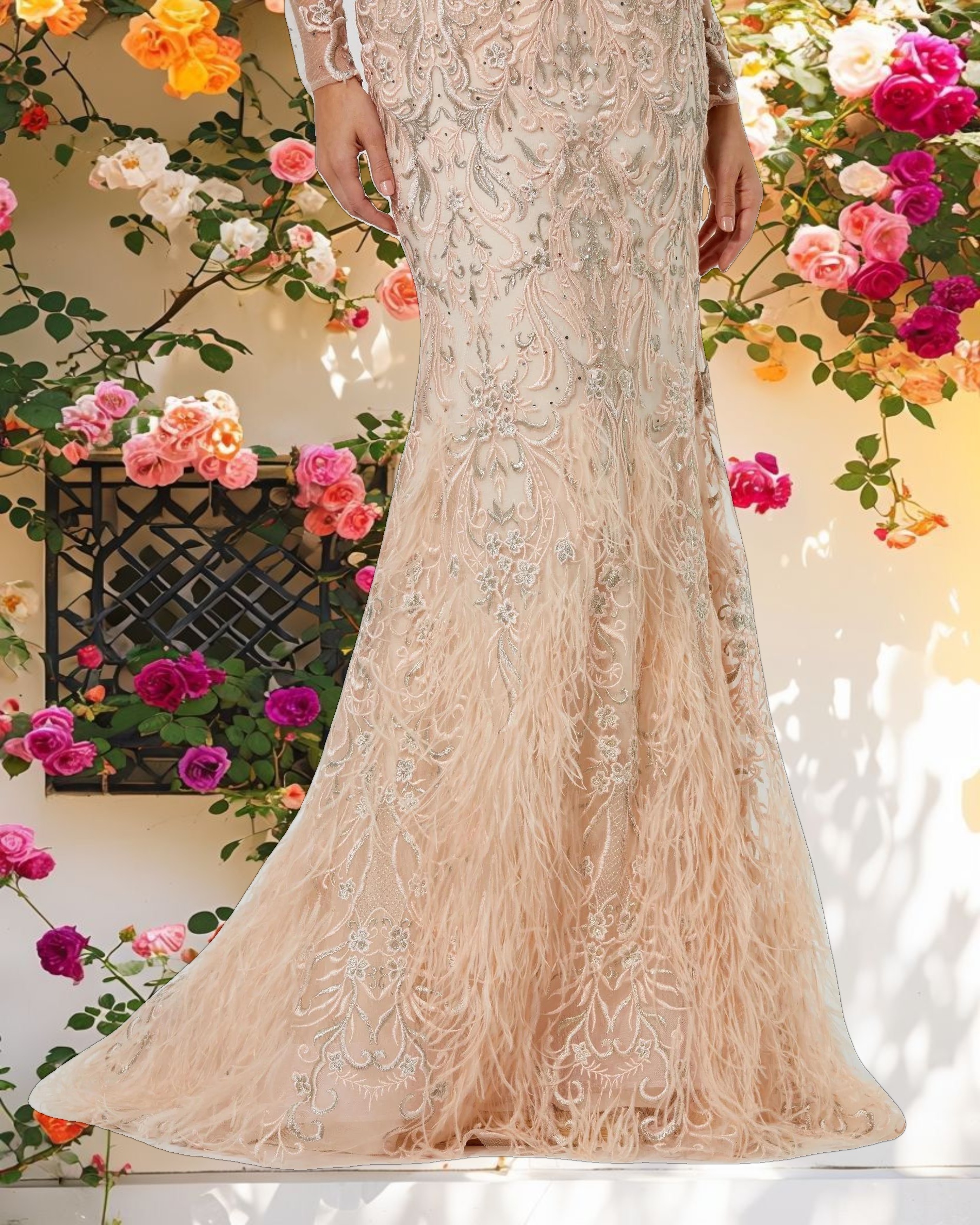 Pink Embroidered Illusion Long Sleeve Trumpet Gown