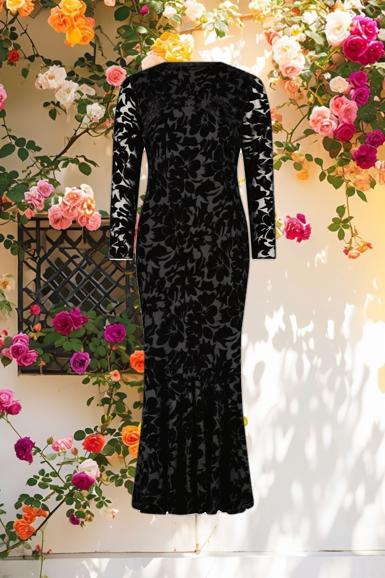 Dark Velvet Long Sleeve Ruffle Hem Midi Dress