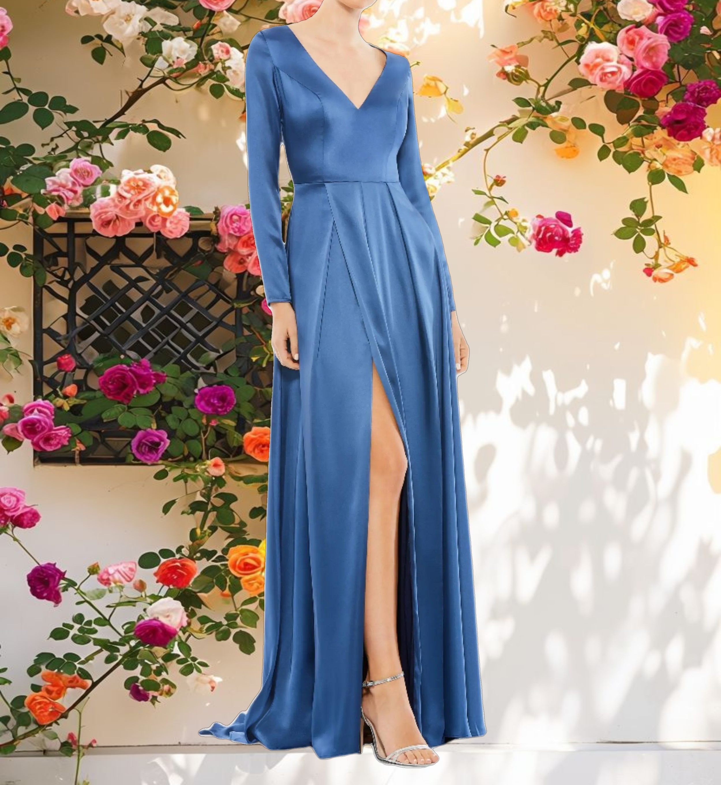Satin V Neck Long Sleeve Pleated Gown