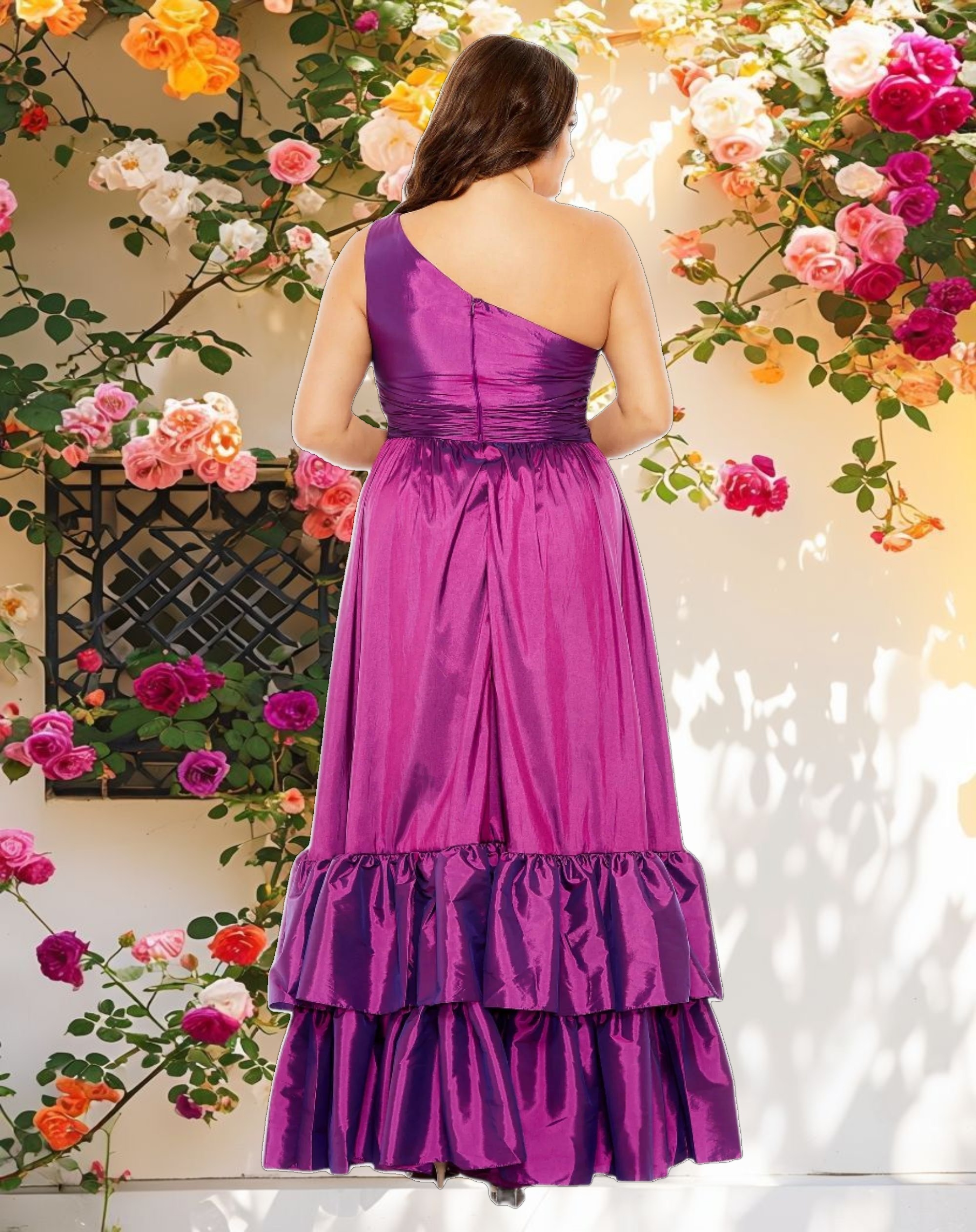 Purple One Shoulder Asymmetrical Ruffle Hem Gown