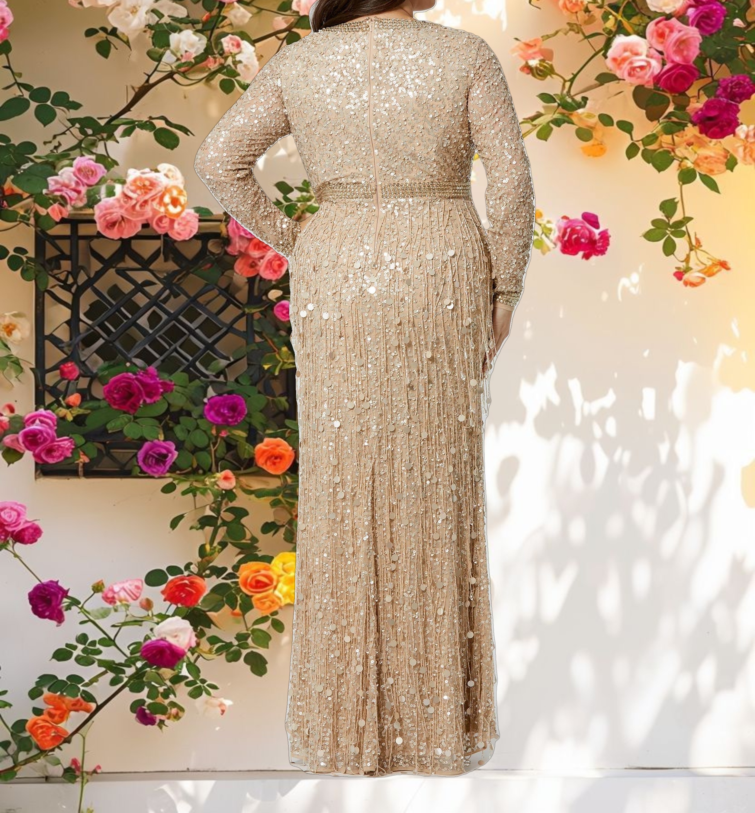 Embellished Fringe Long Sleeve Gown