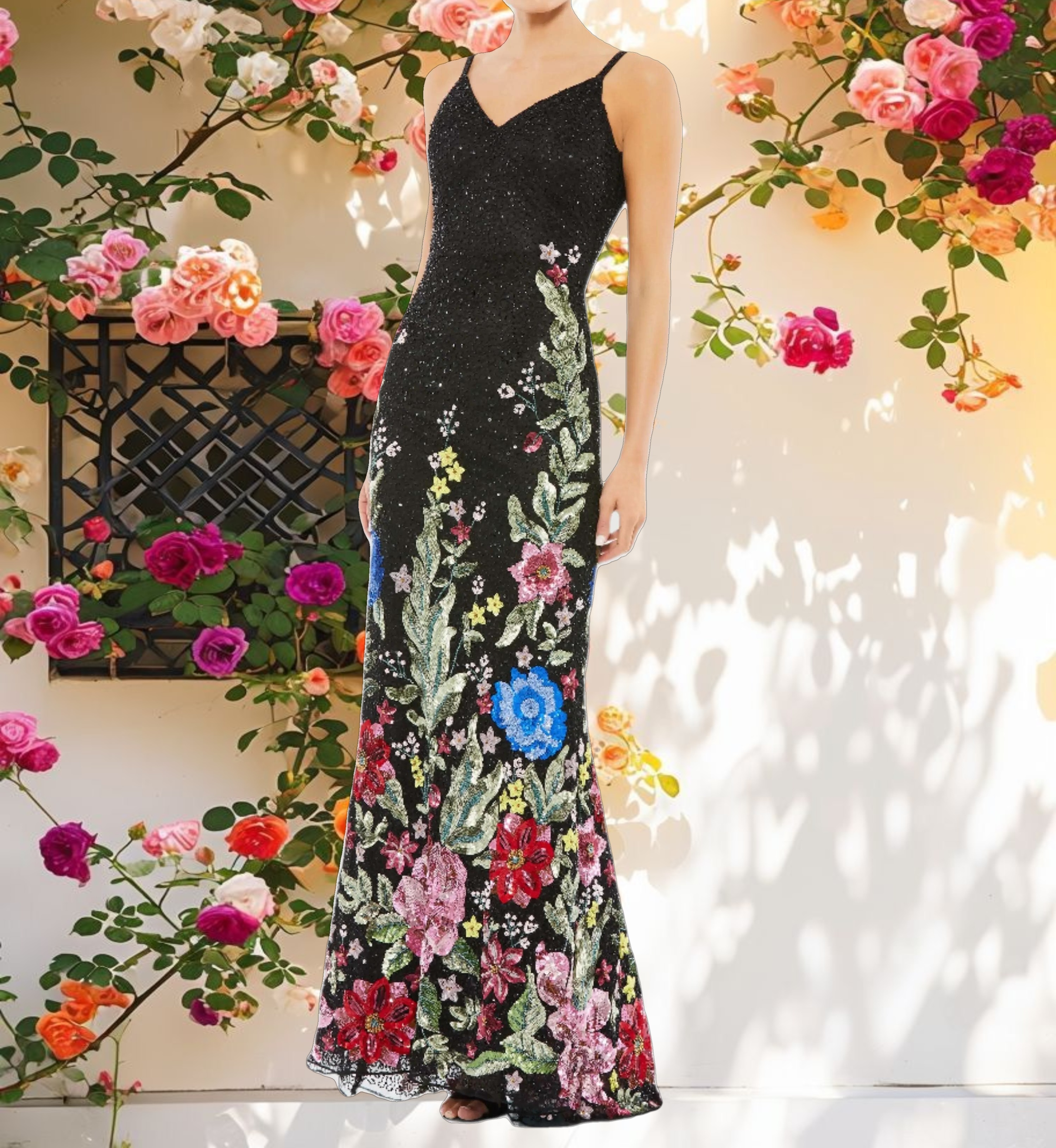 Black Floral Embellished Spaghetti Strap Gown