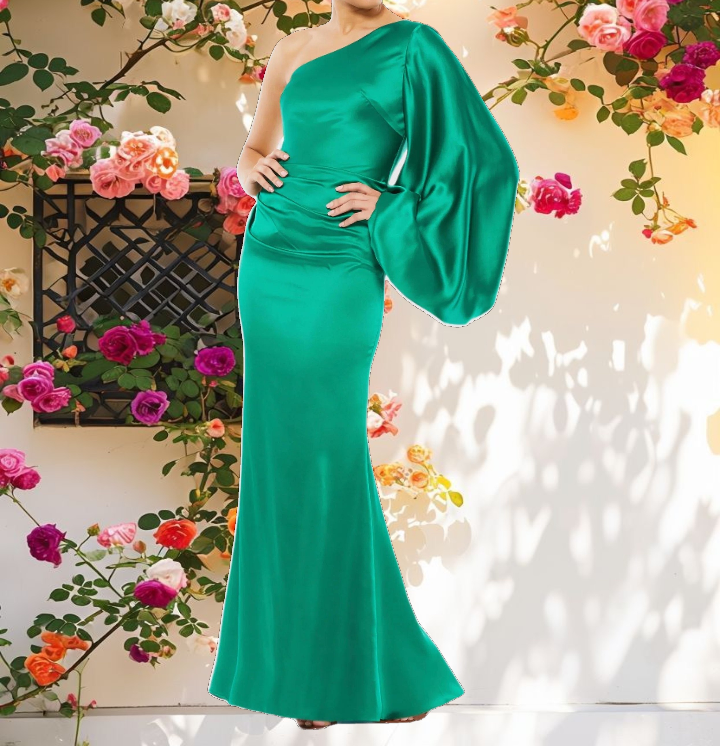 Green Satin Puff Sleeve Gown
