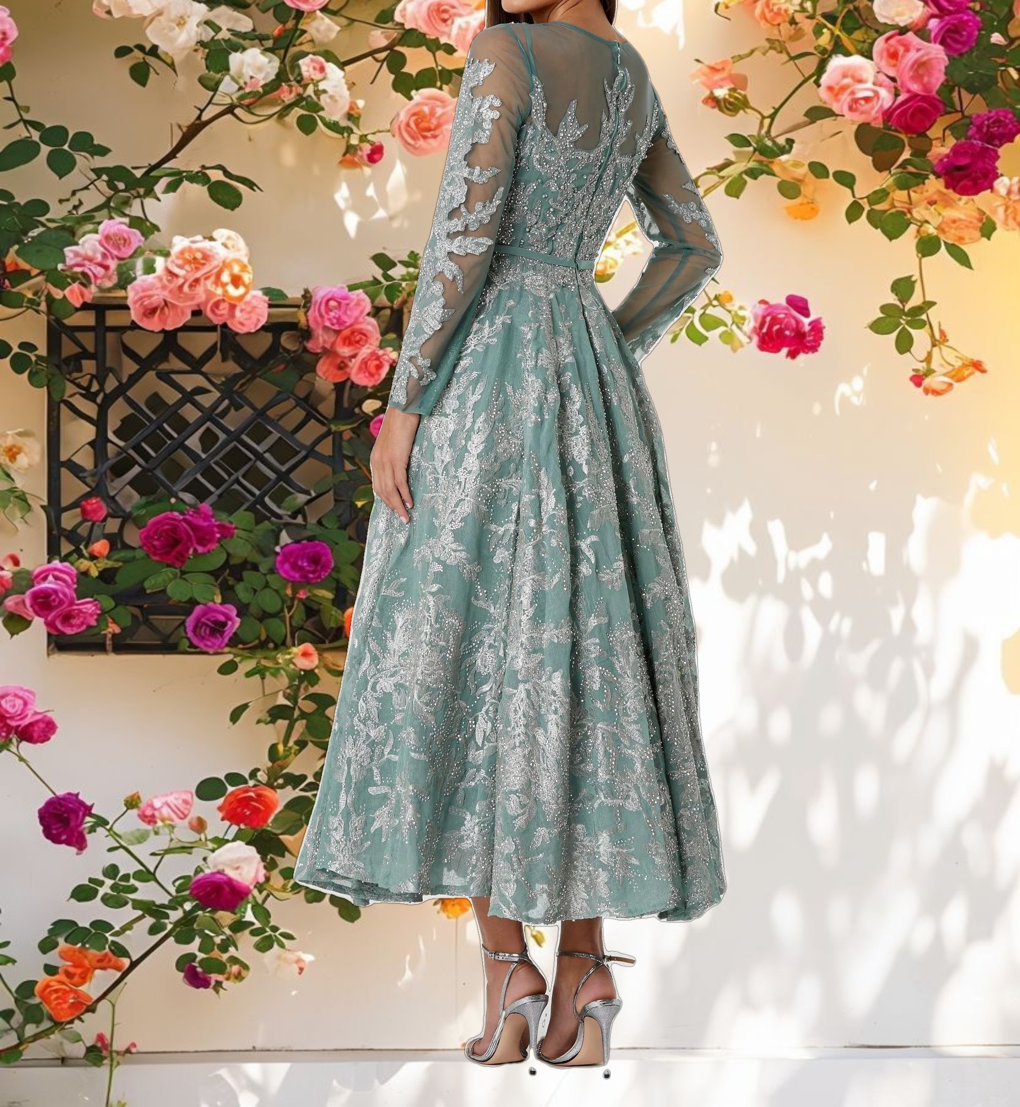 Stitched Decorated Belt Belt Long Sleeve A Line Dress