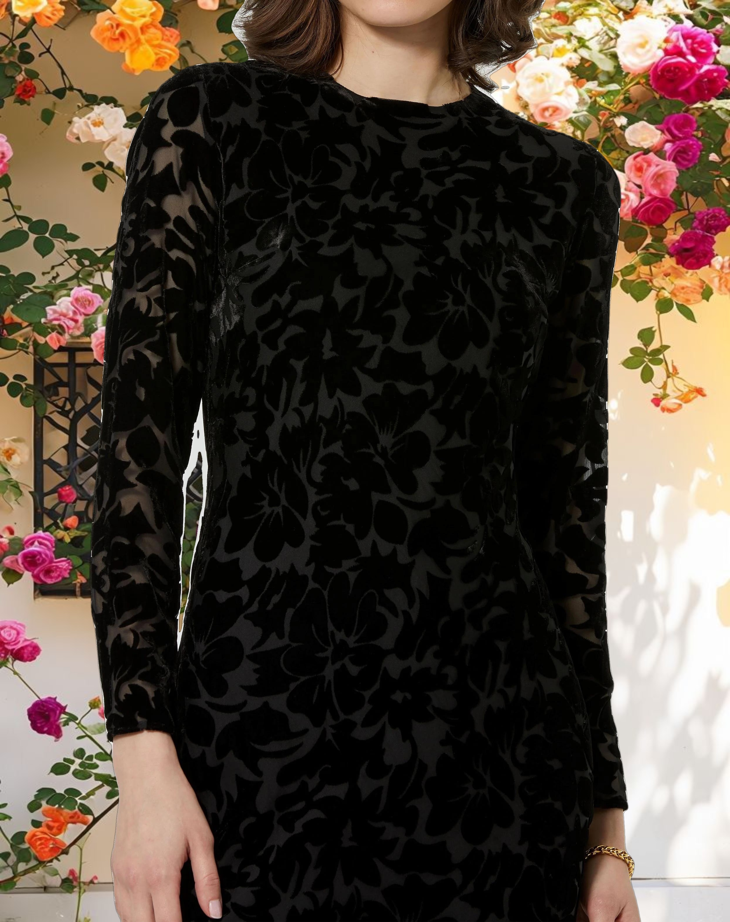 Dark Velvet Long Sleeve Ruffle Hem Midi Dress