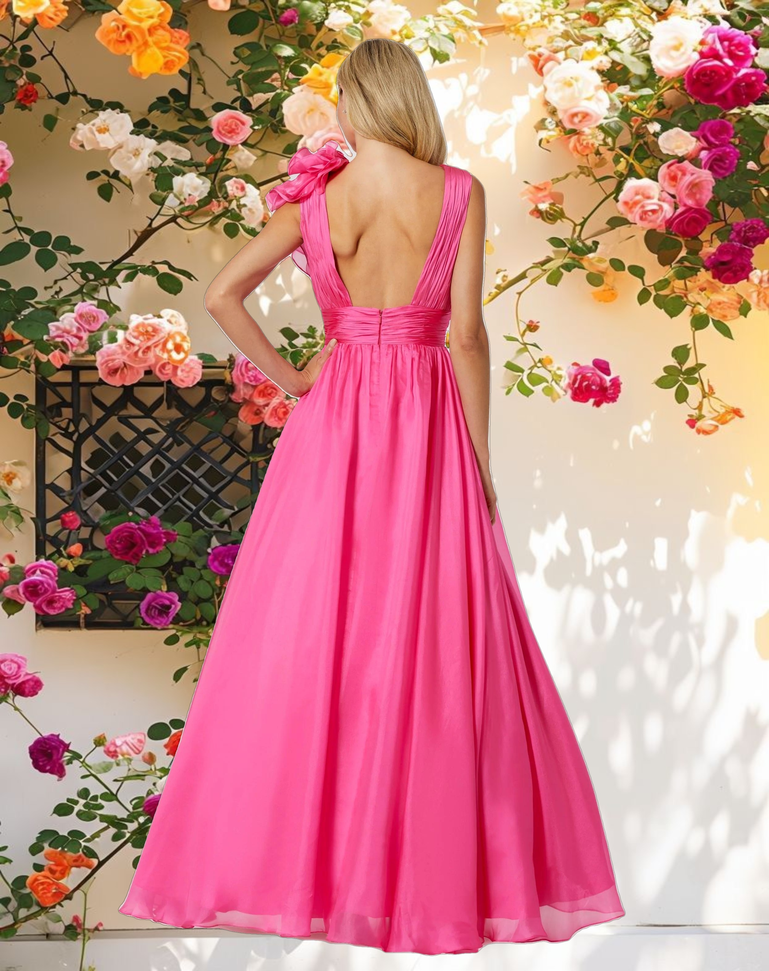 Pink Ruffle Shoulder V-Neck Chiffon Gown