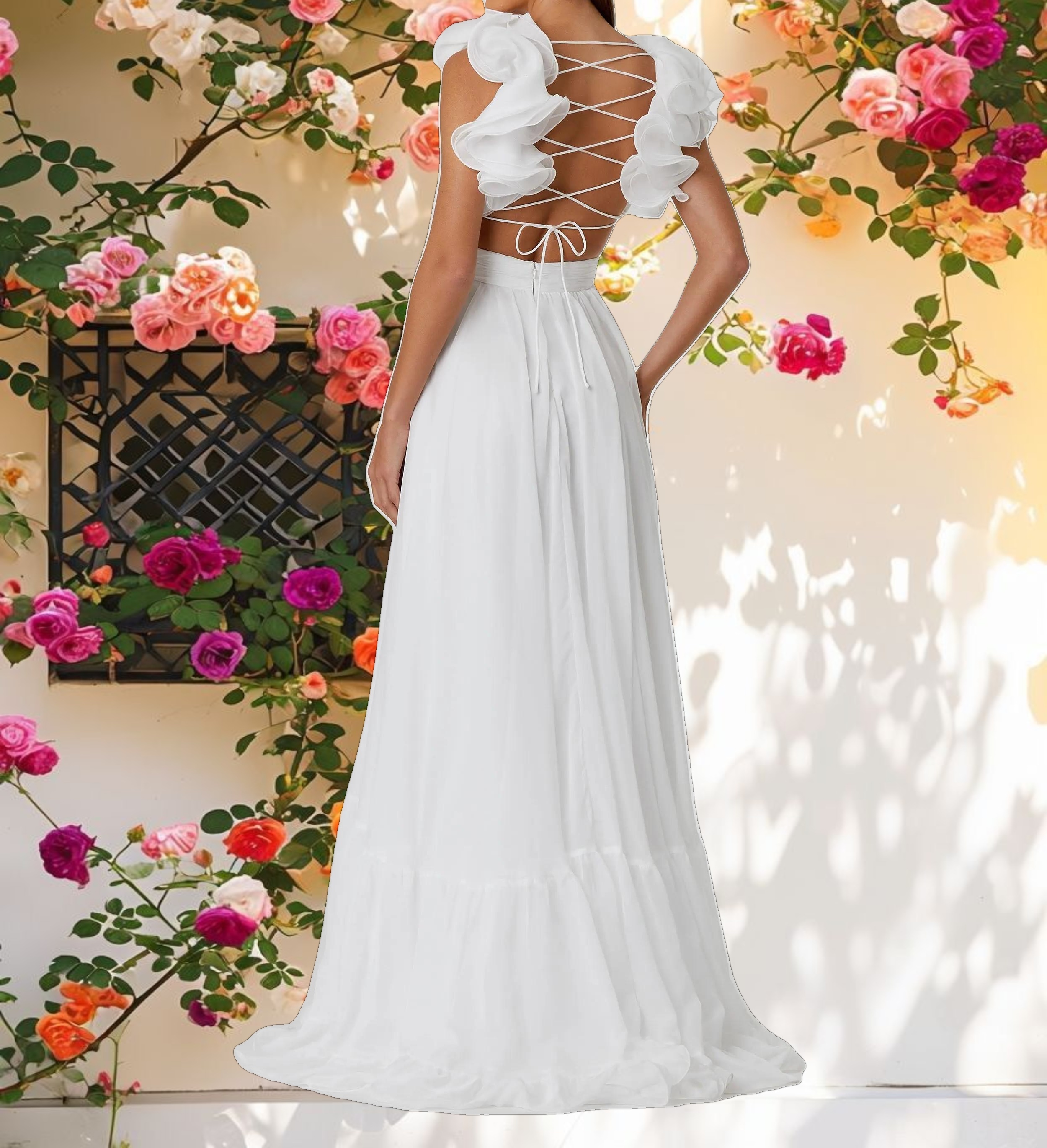 Ruffle Tiered Cut Out Chiffon Gown
