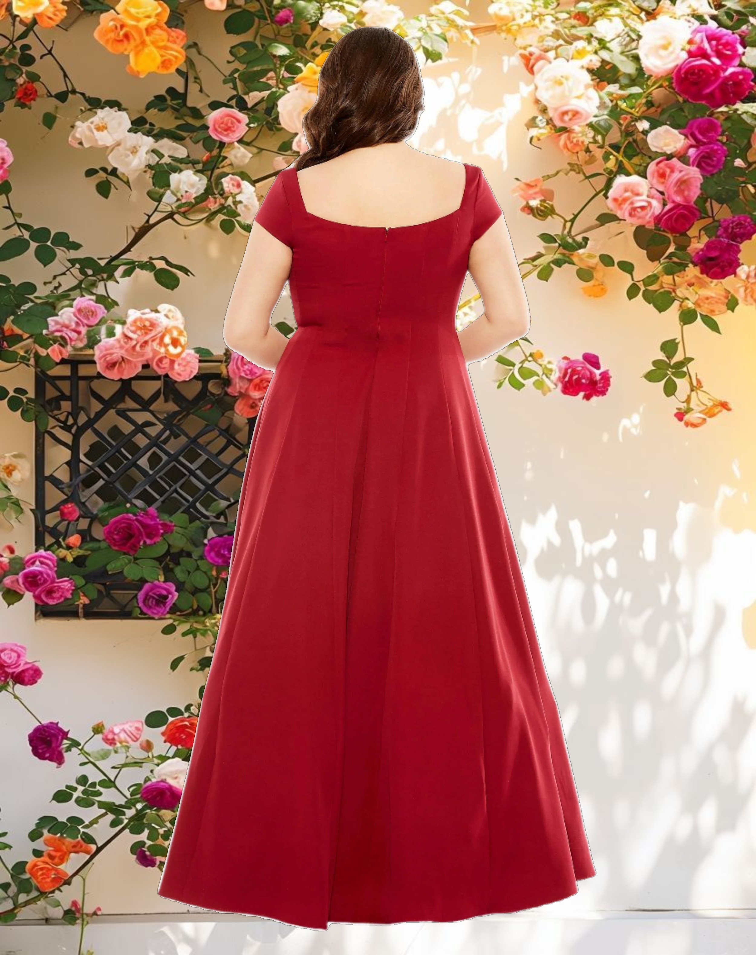 Red Cap Sleeve Square Neck Ball Gown