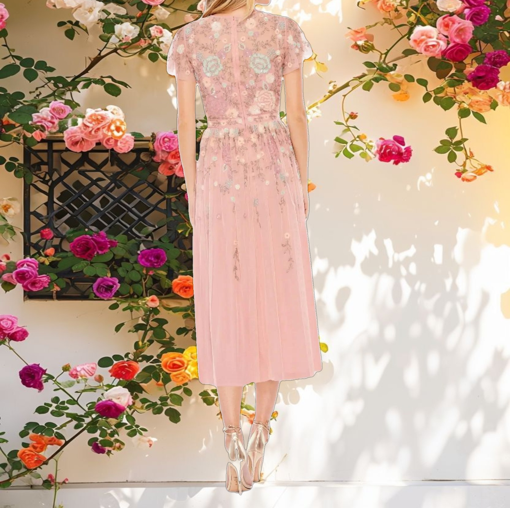 Pink Embellished Illusion High Neck Butterfly Sleeve Midi Dress