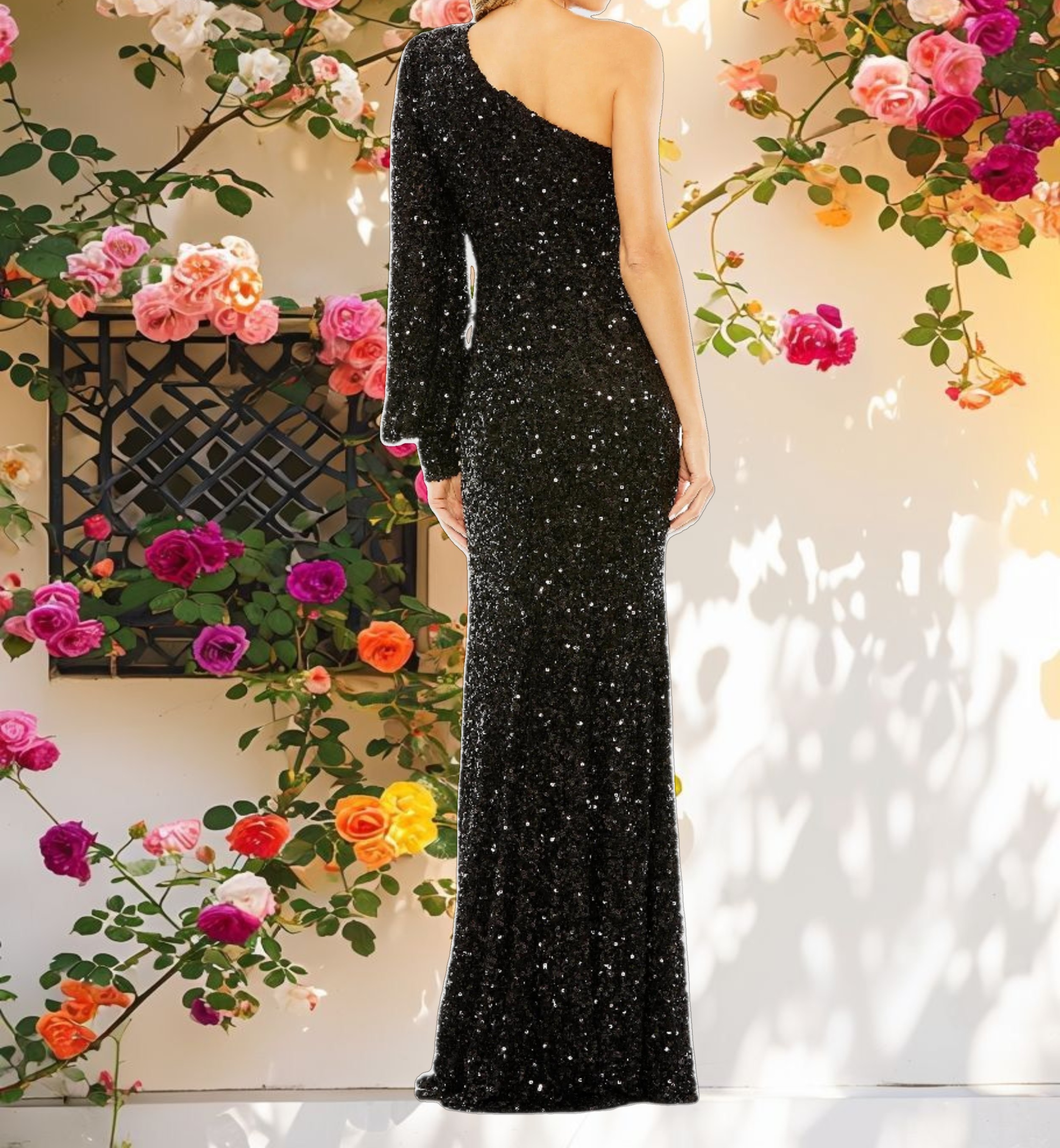 Black Sequined One Shoulder Bishop Sleeve Trumpet Gown