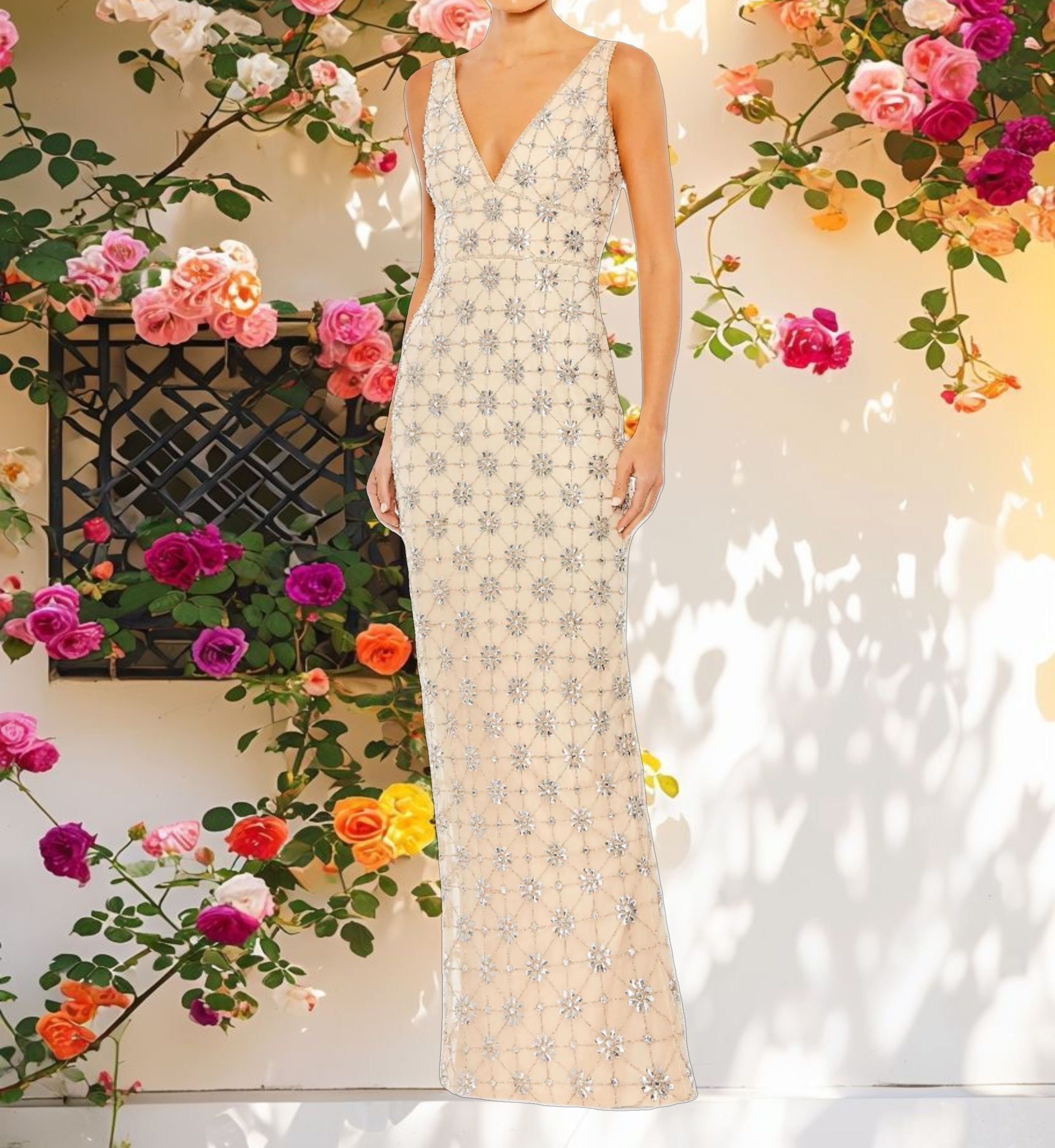 Sleeveless Hand Beaded V Neck Gown