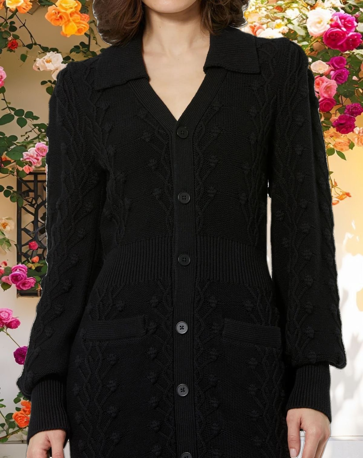 Black Long Sleeve Button Up Collared Bobble Knit Sweater Dress
