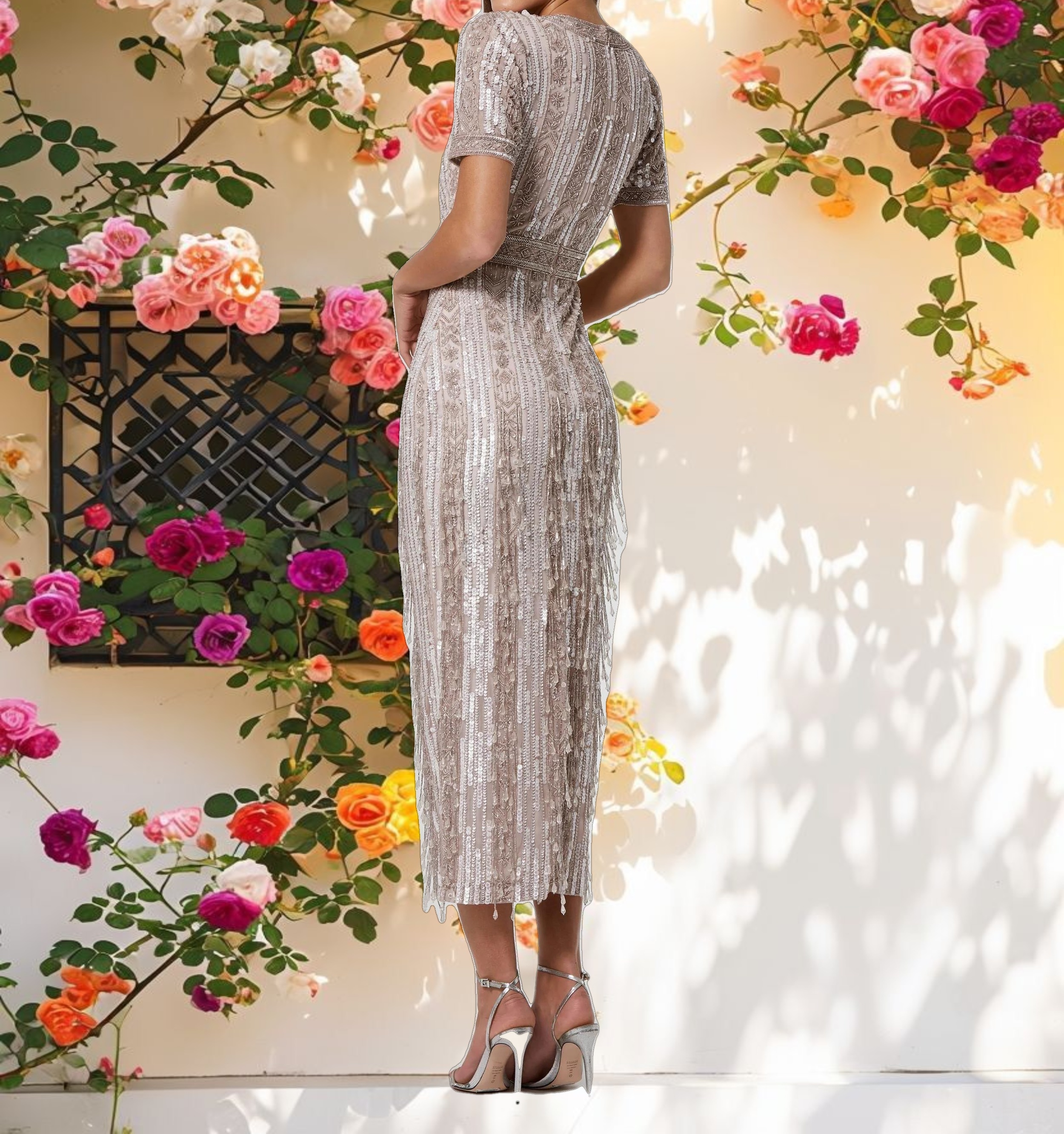 Pink High Neck Short Sleeve Crystal Fringe Sheath Dress