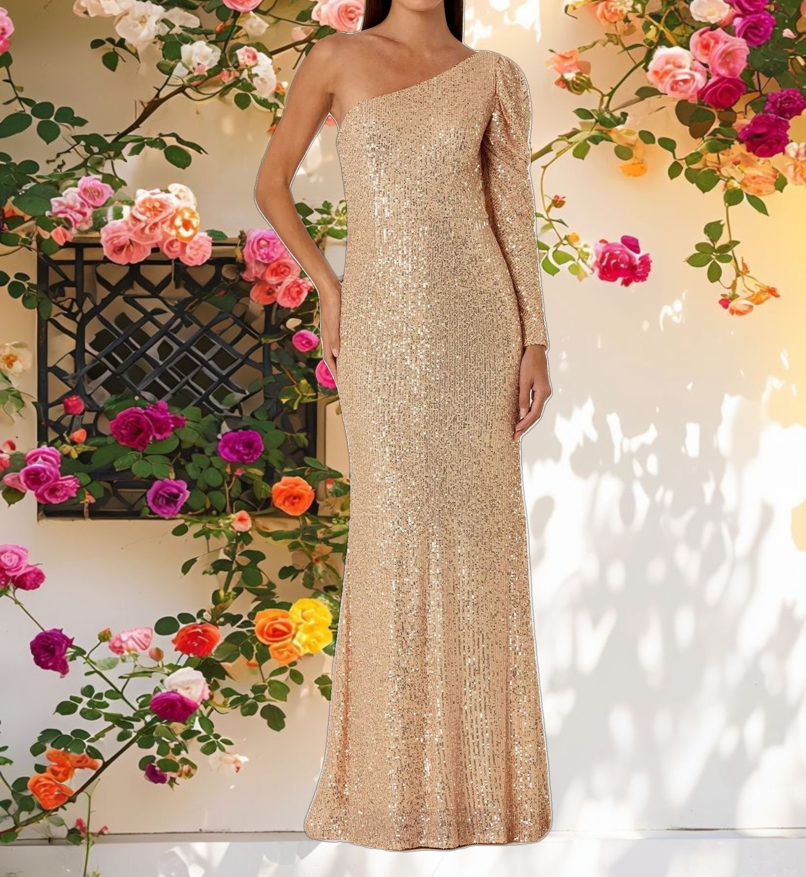 Gold Sequined One Shoulder Trumpet Gown