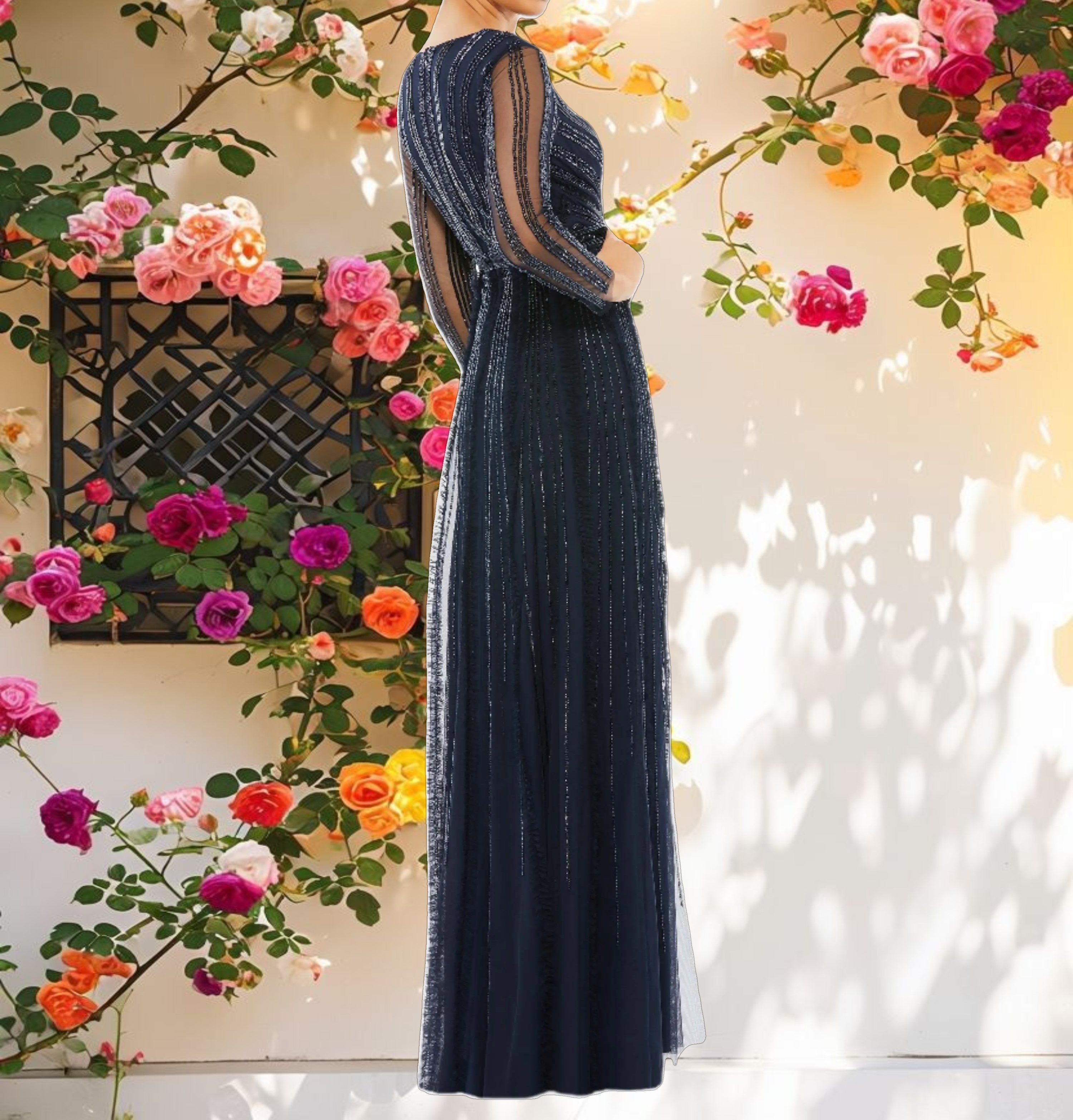 Navy Faux Wrap Illusion Long Sleeve Gown