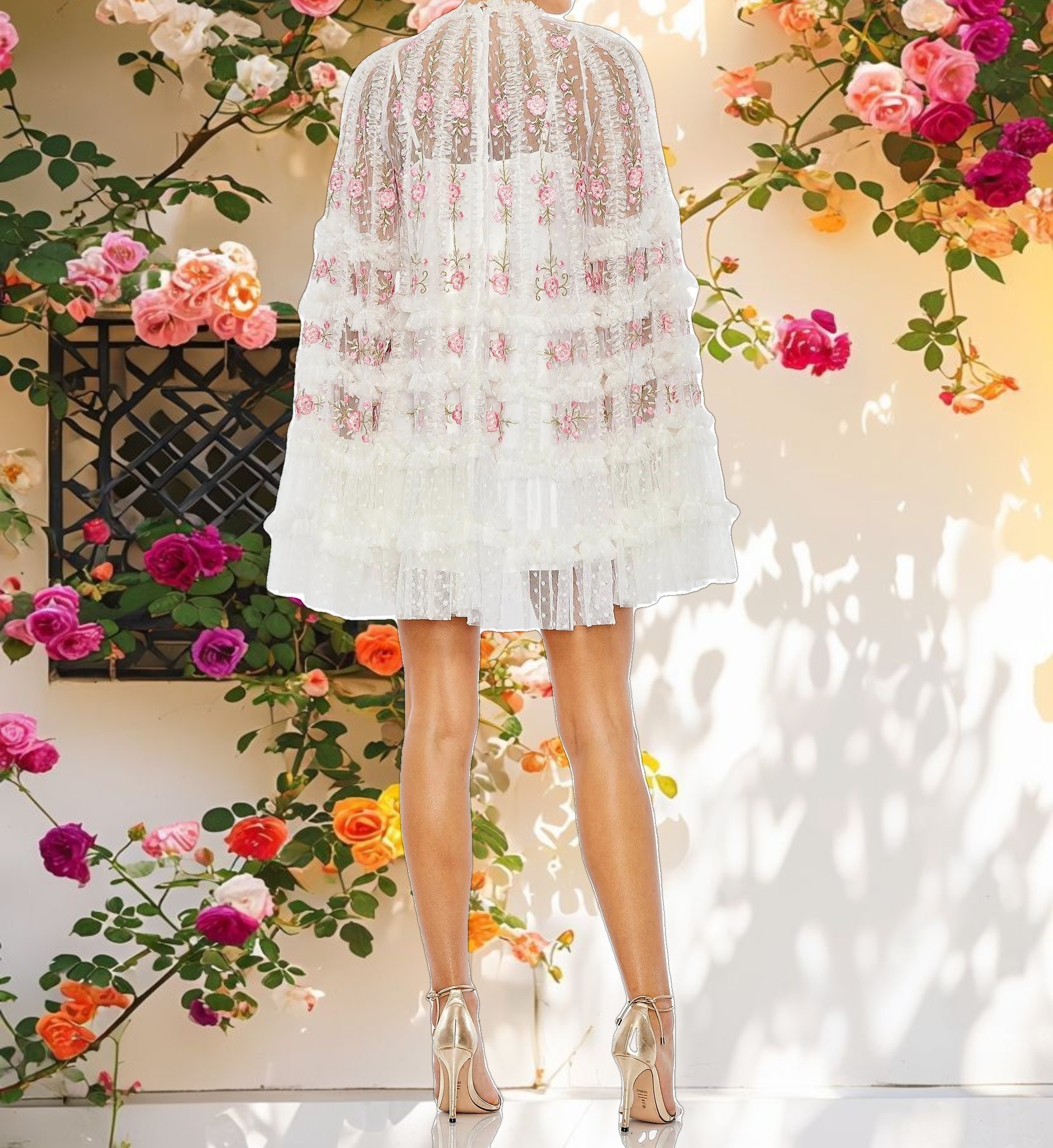 Stitched Long Flare Sleeve Net A Line Dress