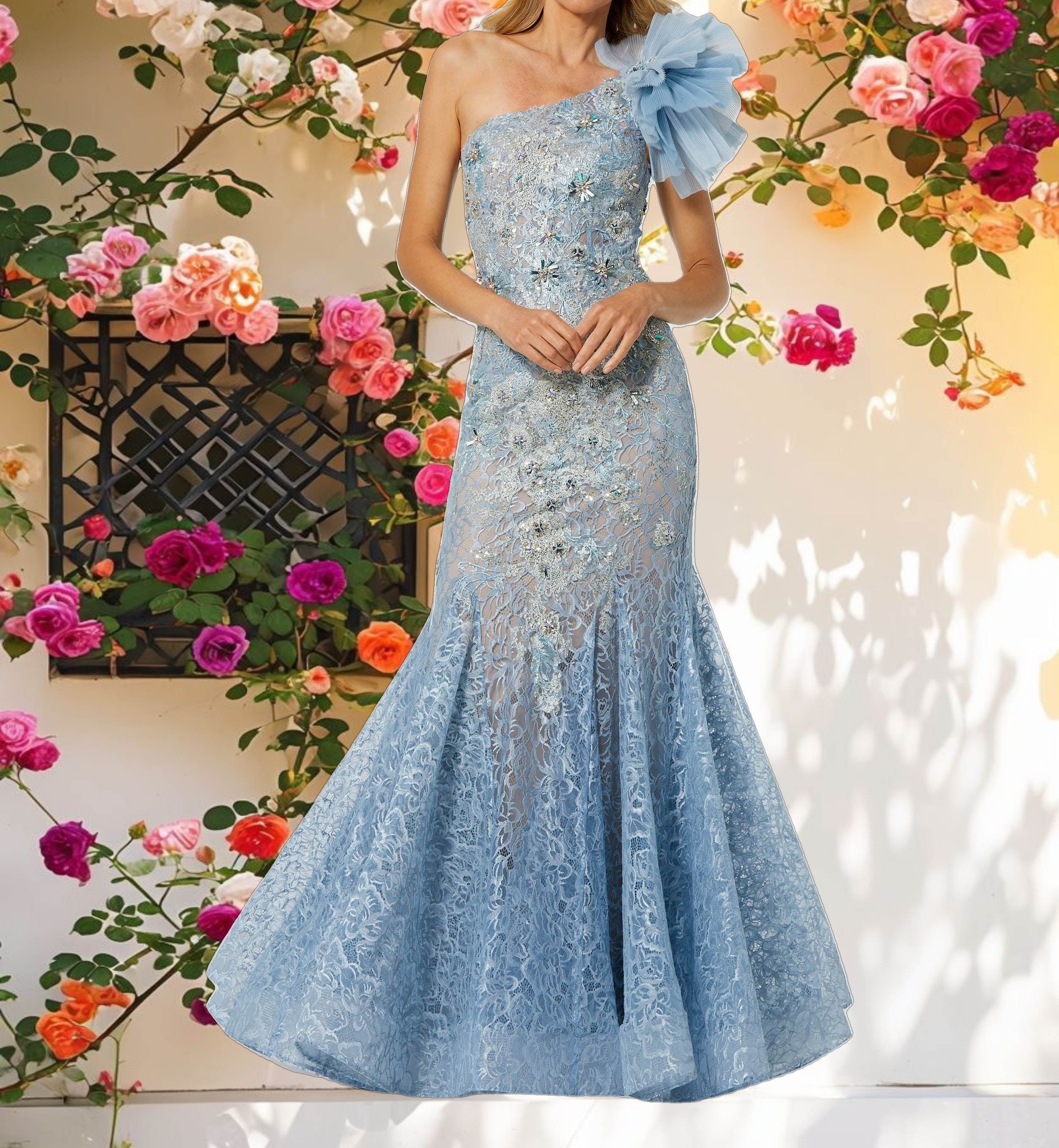 Blue Embellished Tulle Flower Detail Mermaid Gown