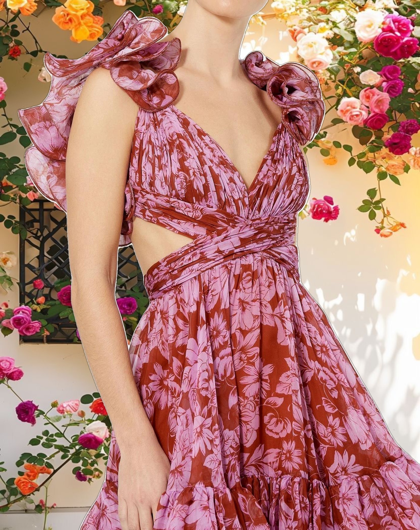 Floral-Printed Chiffon Ruffled Tiered Midi Dress