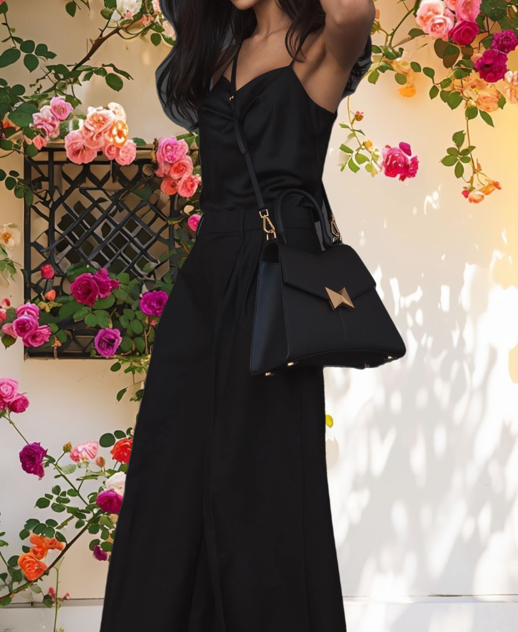 Medium Angular Black Leather Handbag With Gold Hardware