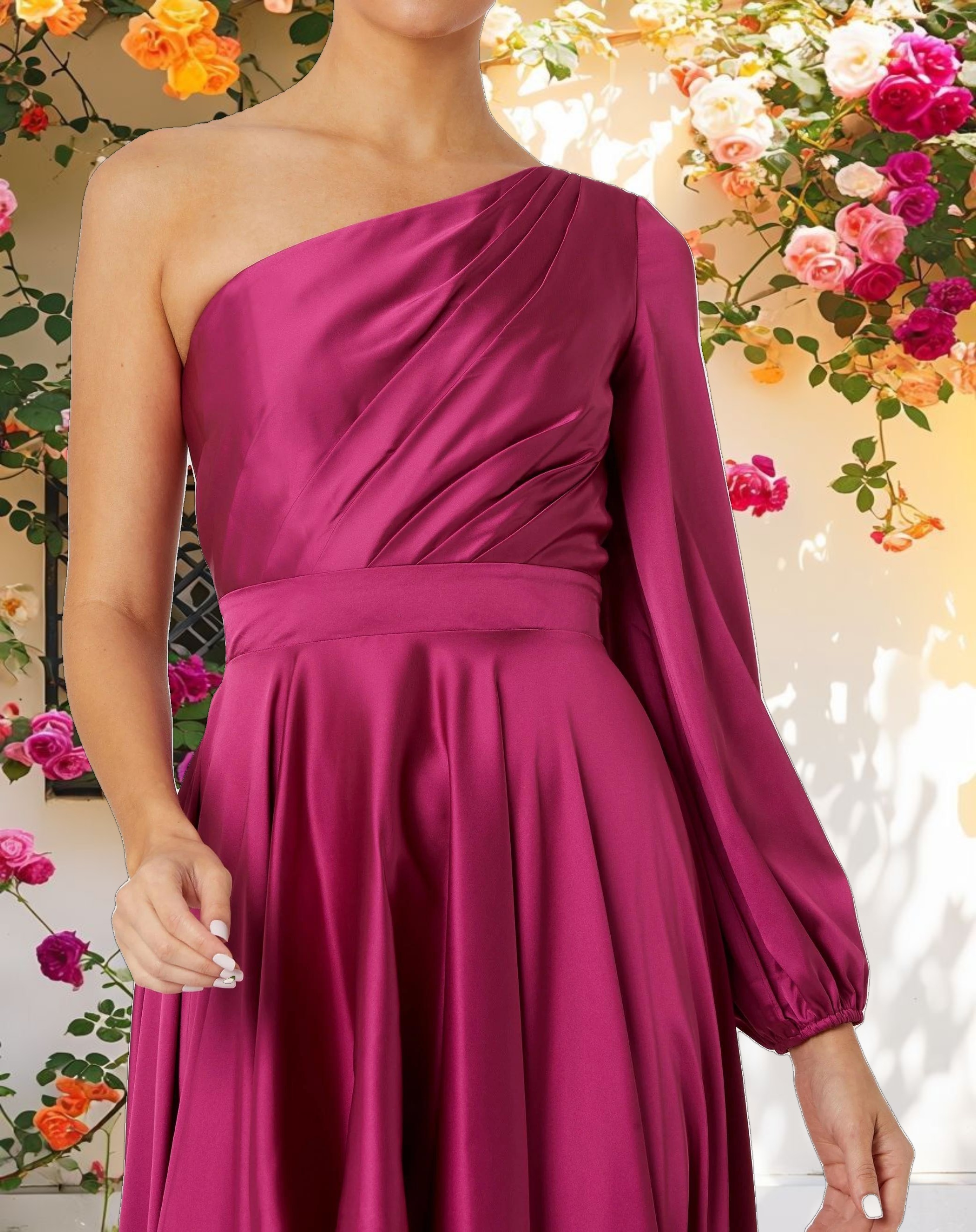 Purple Long Sleeve One Shoulder Satin High Low A line Gown